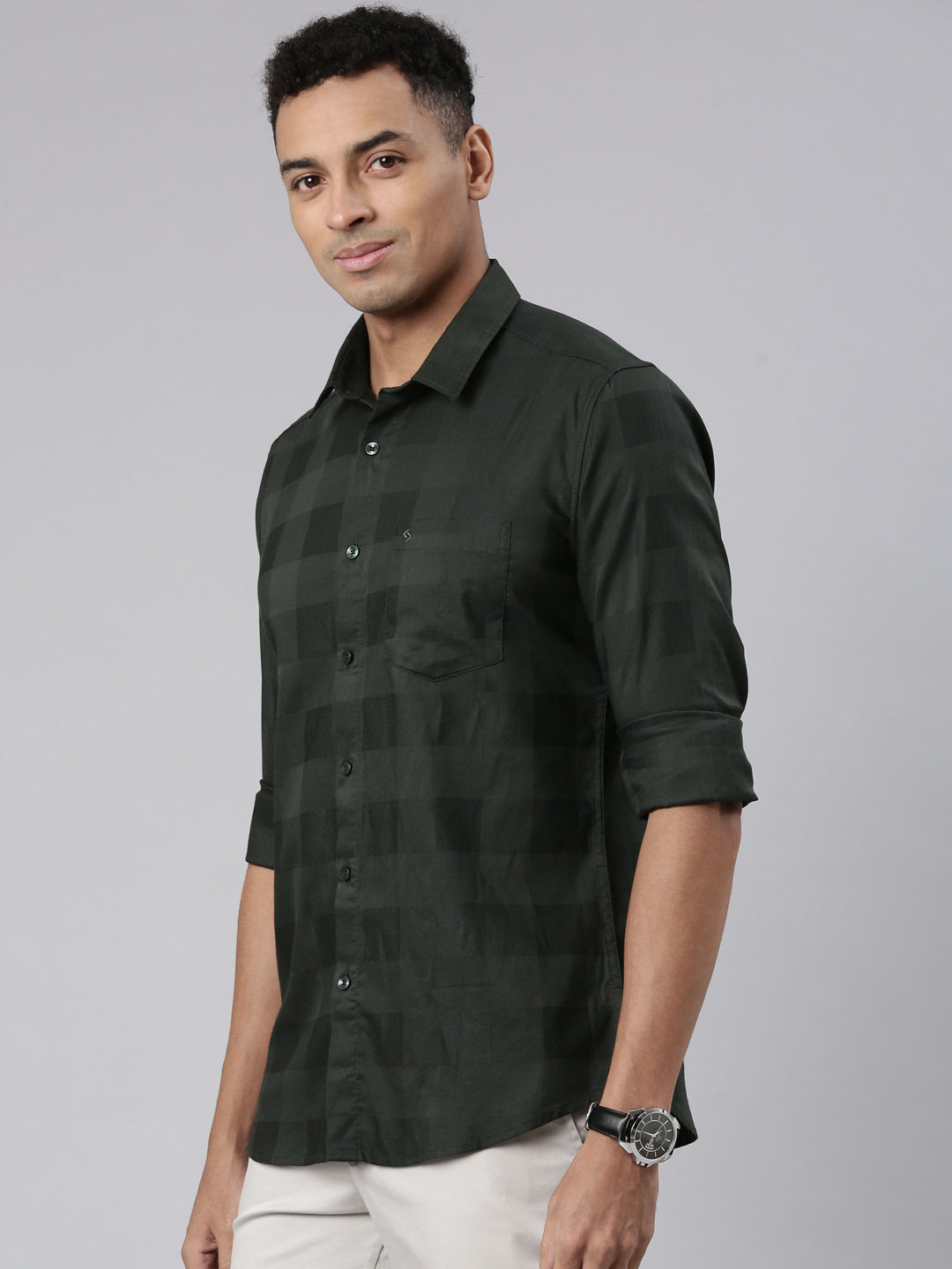 Classic Polo Men's Full Sleeve Olive Polo Neck Cotton Slim Fit Casual Shirt | SP2-EL-42 B-FS-SLD-SF