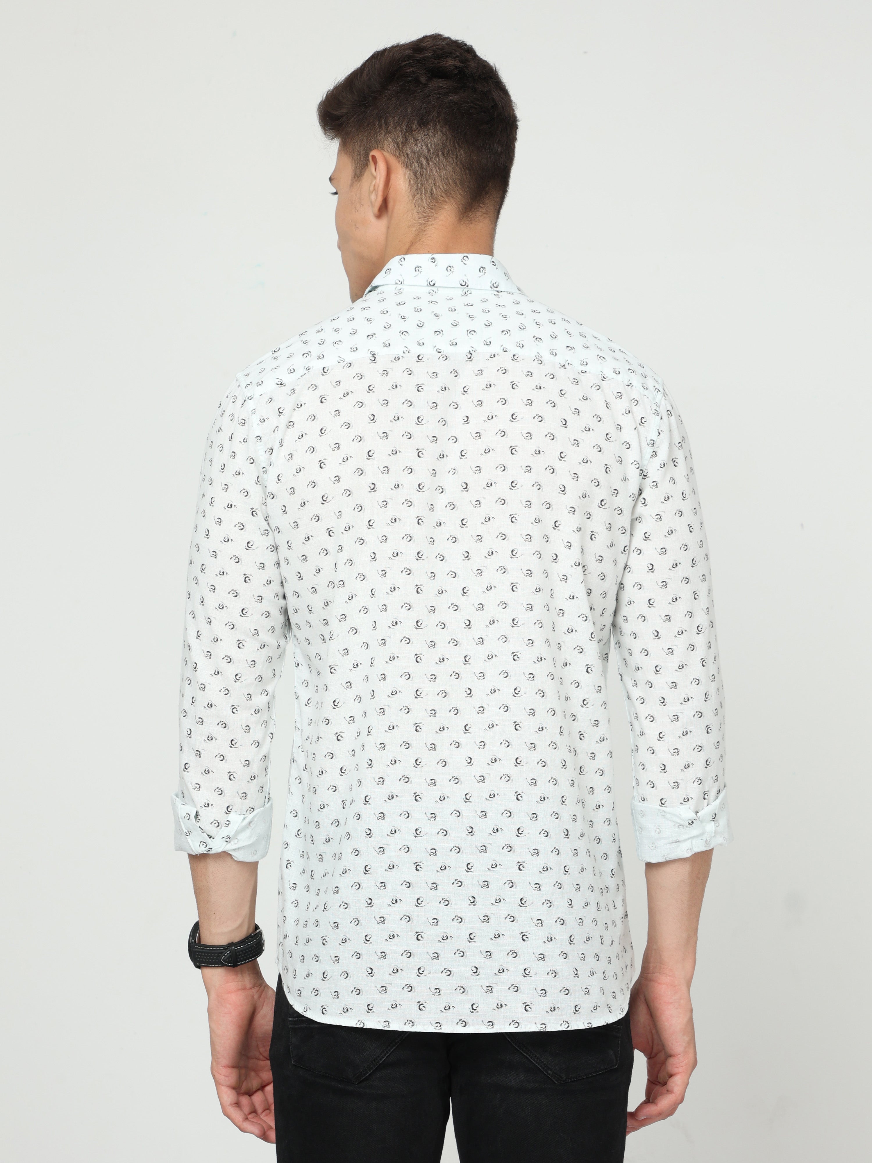 Classic Polo Mens Cotton Full Sleeve Printed Slim Fit Polo Neck Aqua Color Woven Shirt | SO1-14 A-FS-PRT