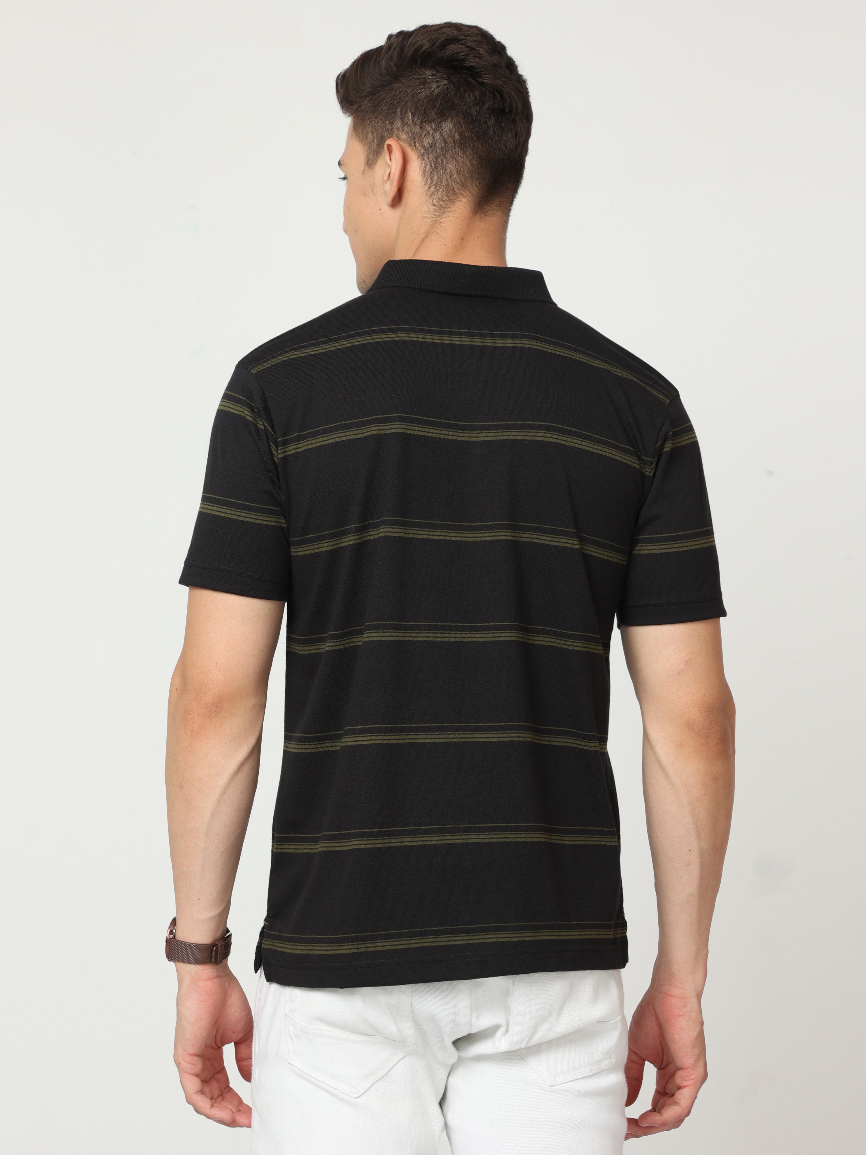 Classic Polo Mens Pure Cotton Half Sleeve Striped Regular Fit Polo Neck Black Color T Shirt | F-Avon - 110 B