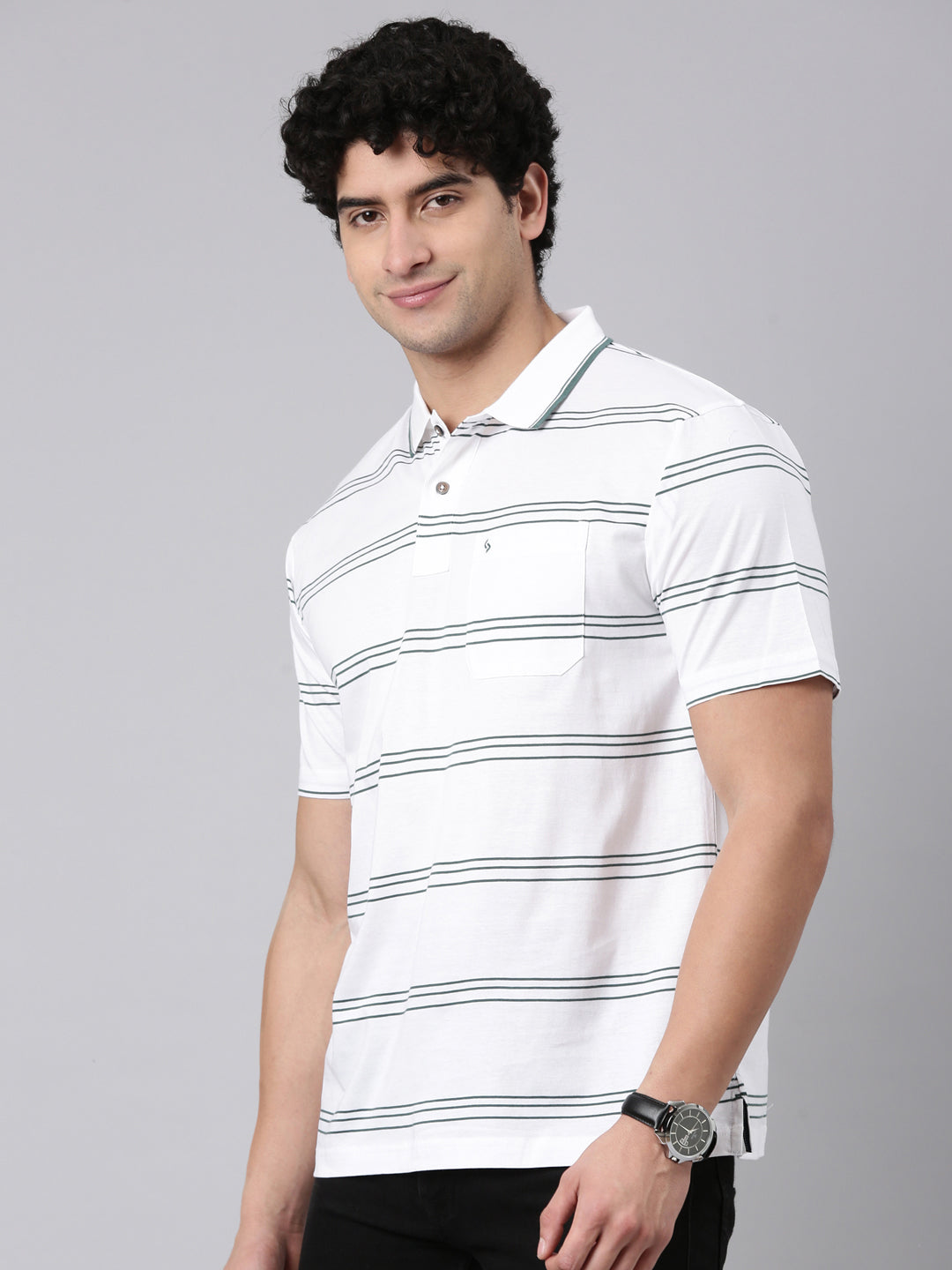 Classic Polo Men's Half Sleeve White Polo Neck Authentic Fit Striped Cotton T-Shirt | AP - 157 A AF P