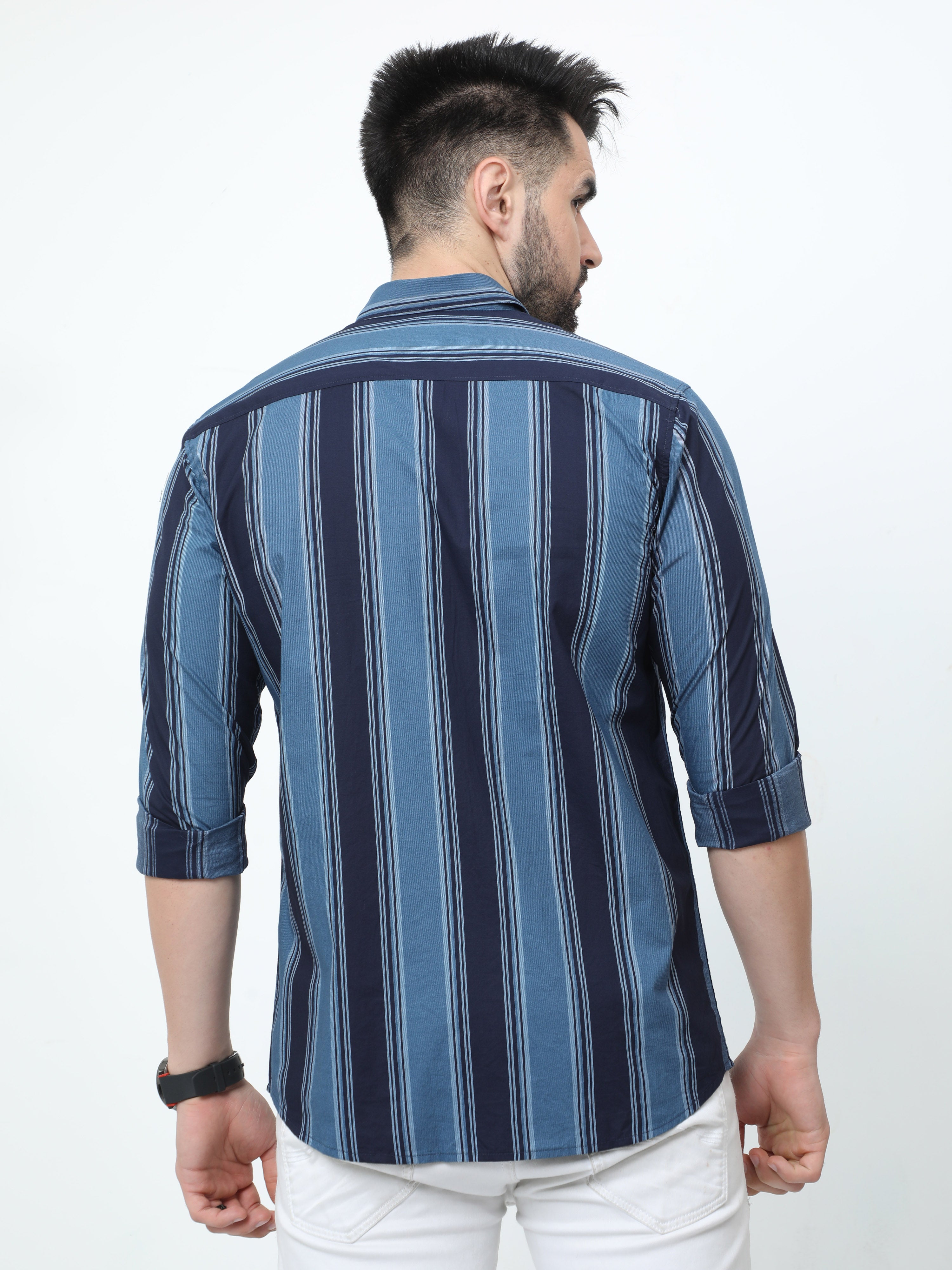 Classic Polo Mens Pure Cotton Full Sleeves Striped Slim Fit Polo Neck Blue Color Woven Shirt | So2-178 A-Fs-Str-Sf