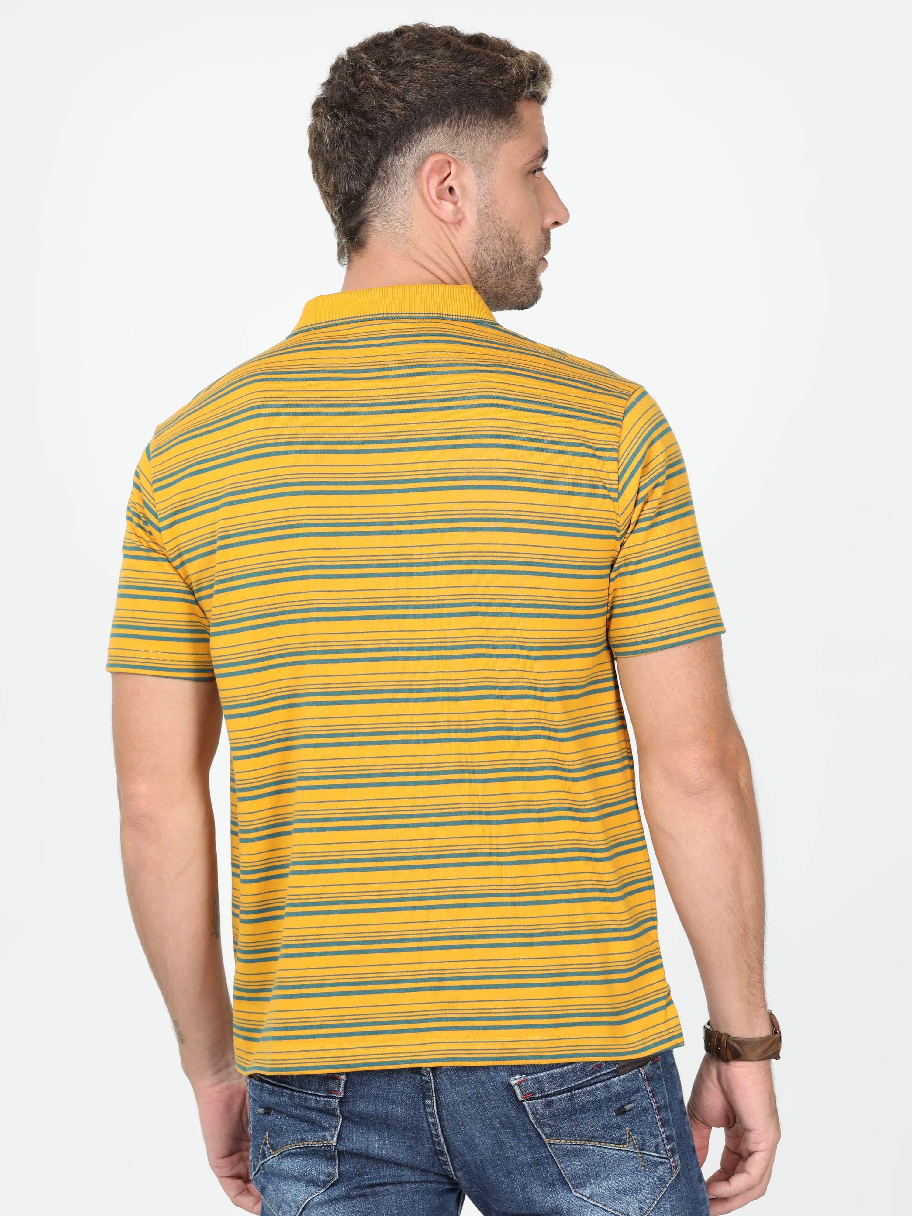 Classic Polo Mens Cotton Half Sleeve Striped Authentic Fit Polo Neck Yellow Color T Shirt | F-Feeders - 109 A