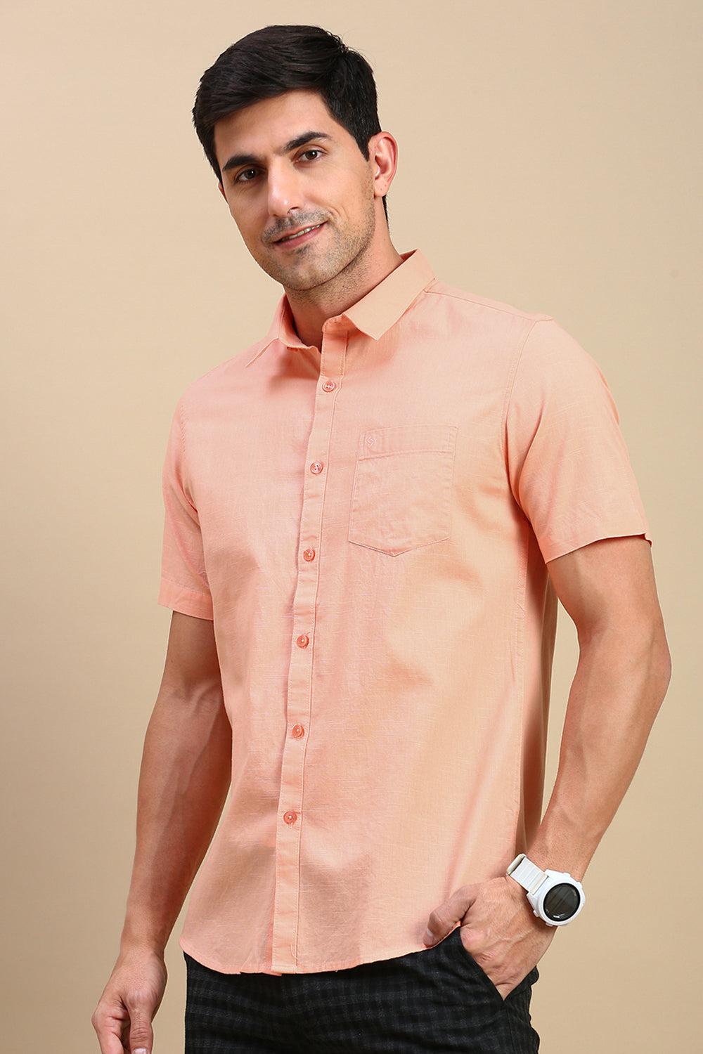 Classic Polo Men's Half Sleeve Peach Polo Neck Slim Fit Solid Casual Shirt | TOY-TRALIX-PEACH SF HS
