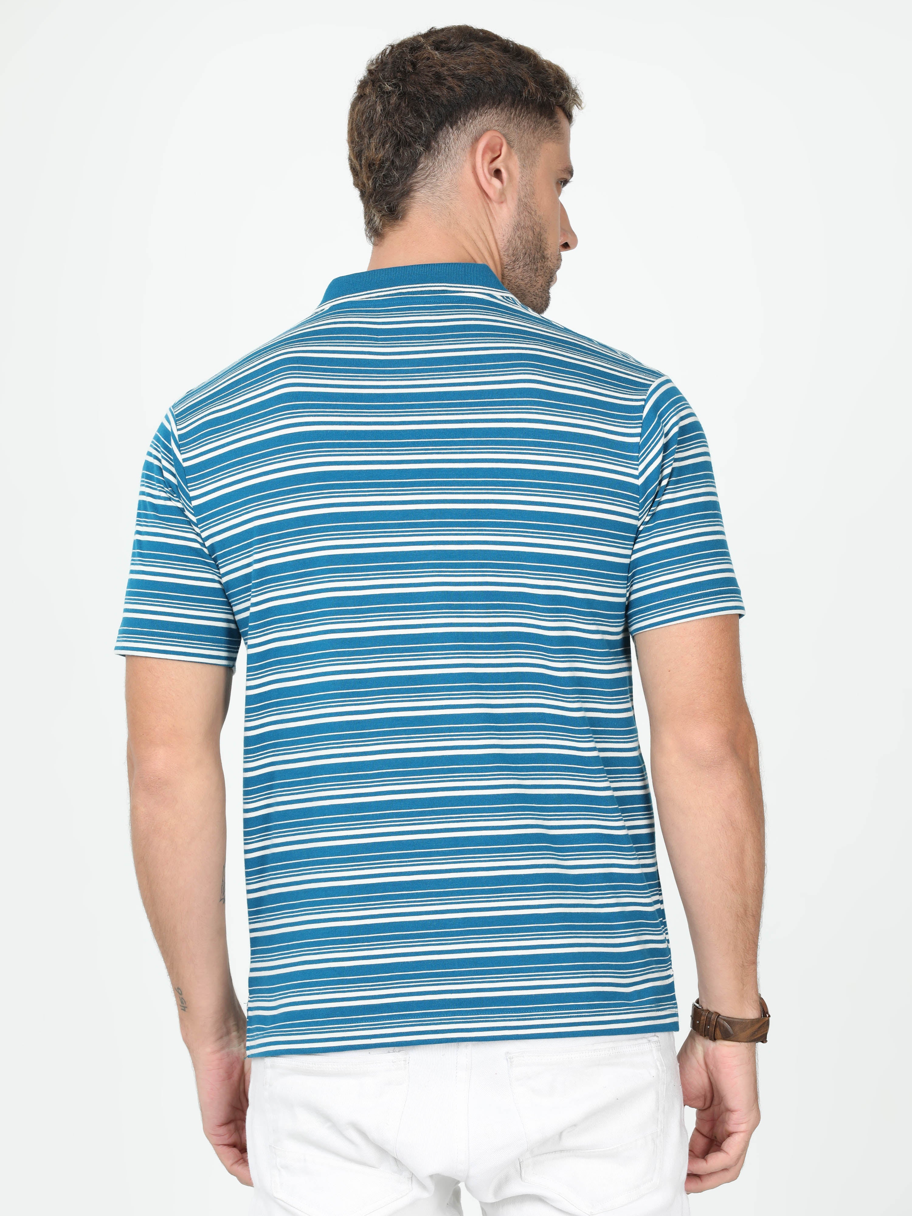 Classic Polo Mens Cotton Half Sleeve Striped Authentic Fit Polo Neck Navy Color T Shirt | F-Feeders - 109 B