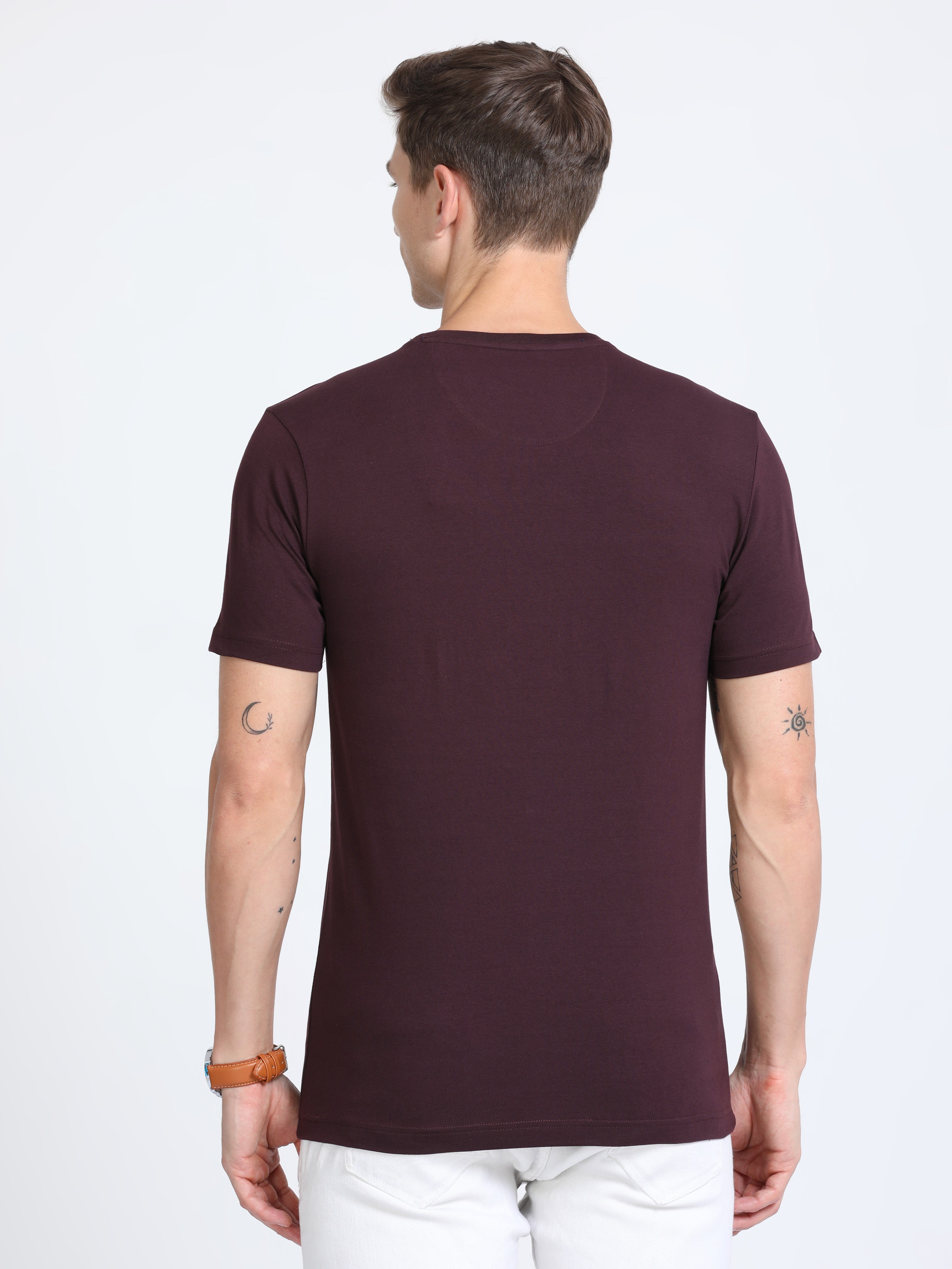 Classic Polo Mens Cotton Half Sleeves Printed Slim Fit Crew Neck Burgudy Color T-Shirt | Baleno - 560 B Sf C