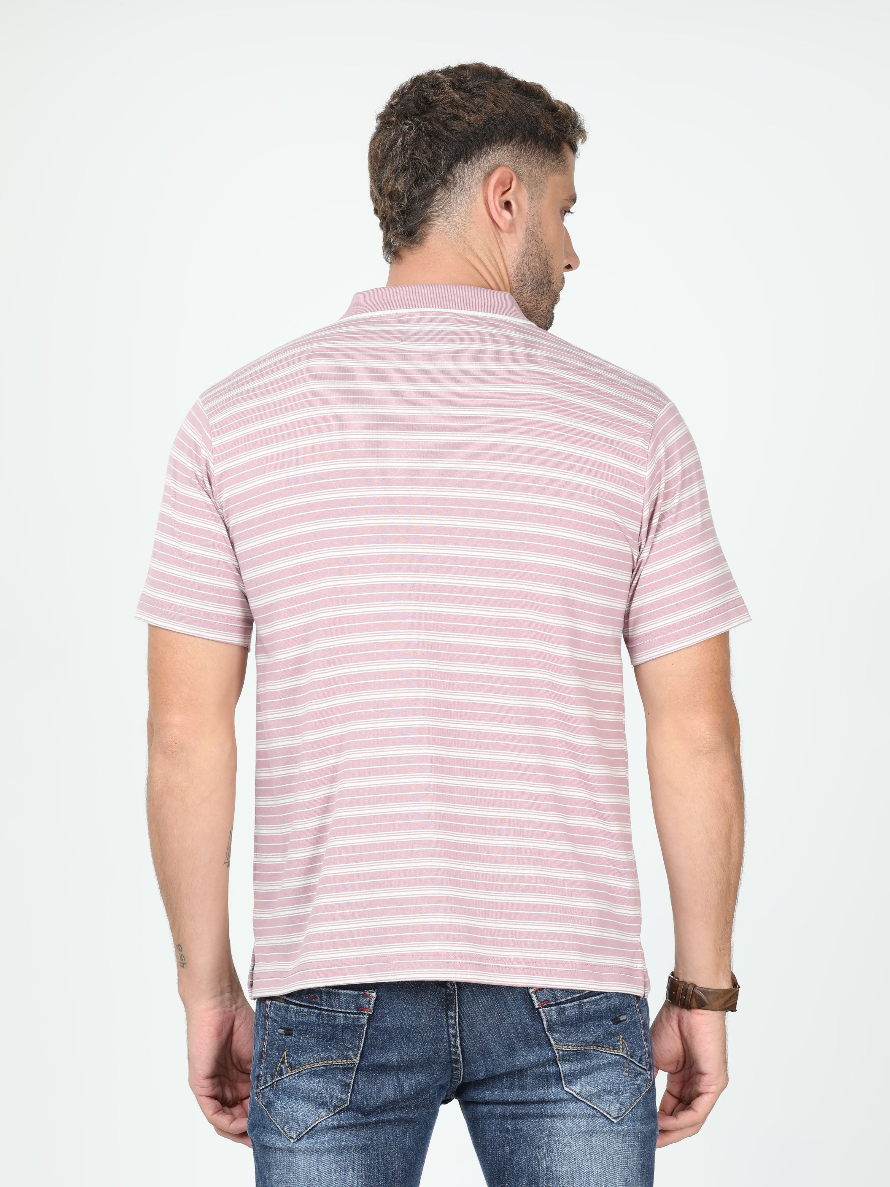 Classic Polo Mens Cotton Half Sleeve Striped Authentic Fit Polo Neck Peach Color T Shirt | F-Feeders - 106 A