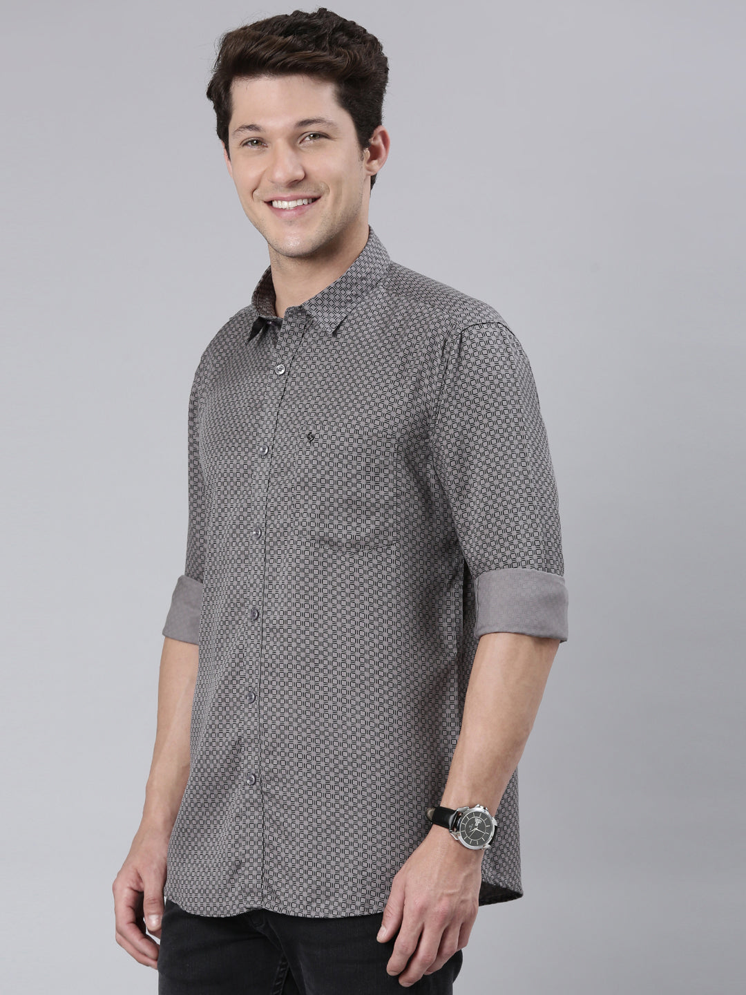 Classic Polo Men's Full Sleeve Dark Grey Polo Neck 100% Cotton Slim Fit Shirt | SP2-CL-69 B-FS-PRT-SF