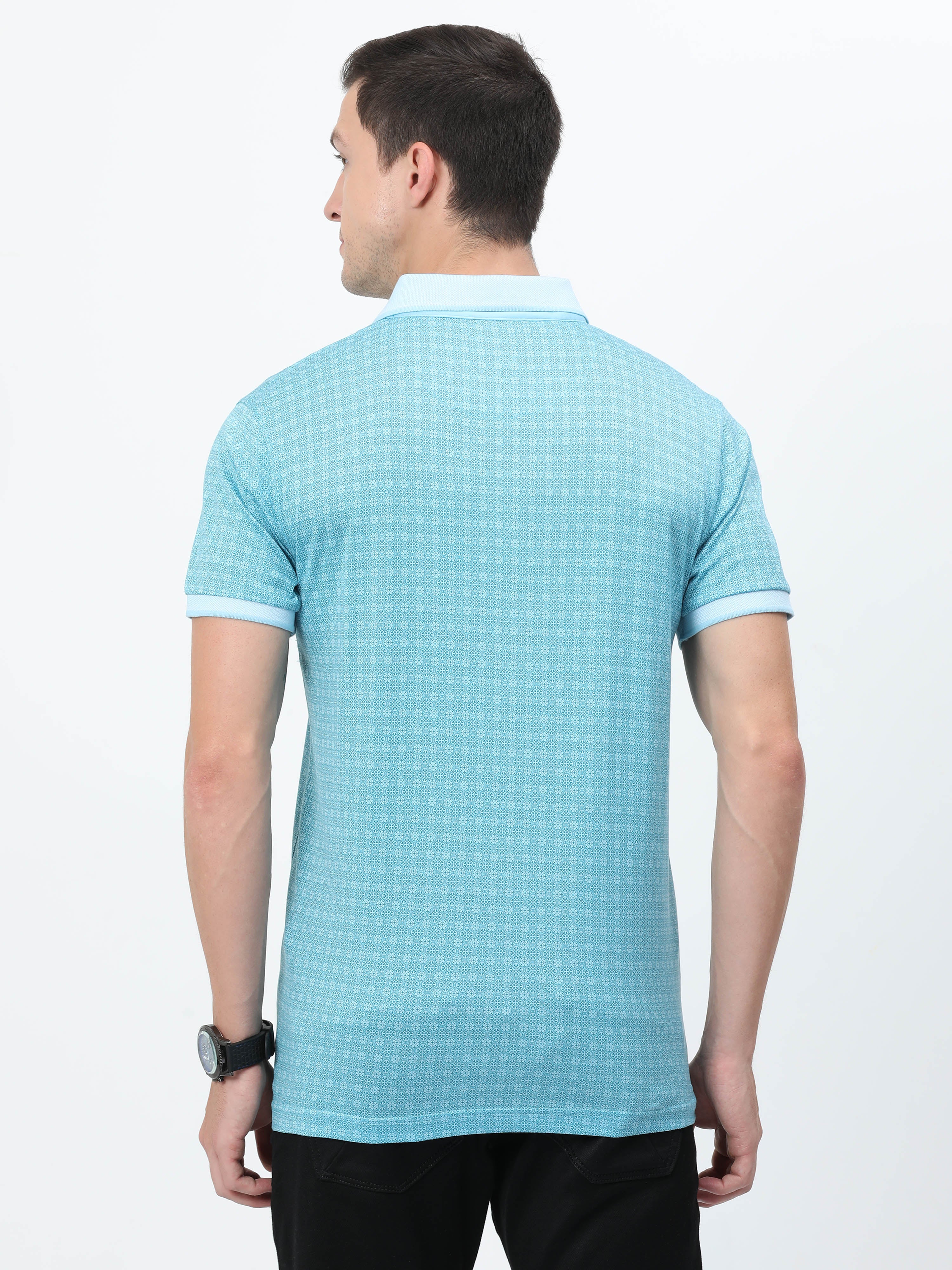 Classic Polo Mens Cotton Half Sleeves Floral Slim Fit Polo Neck Turqoise Color T-Shirt | Scant - 26 B Sf P