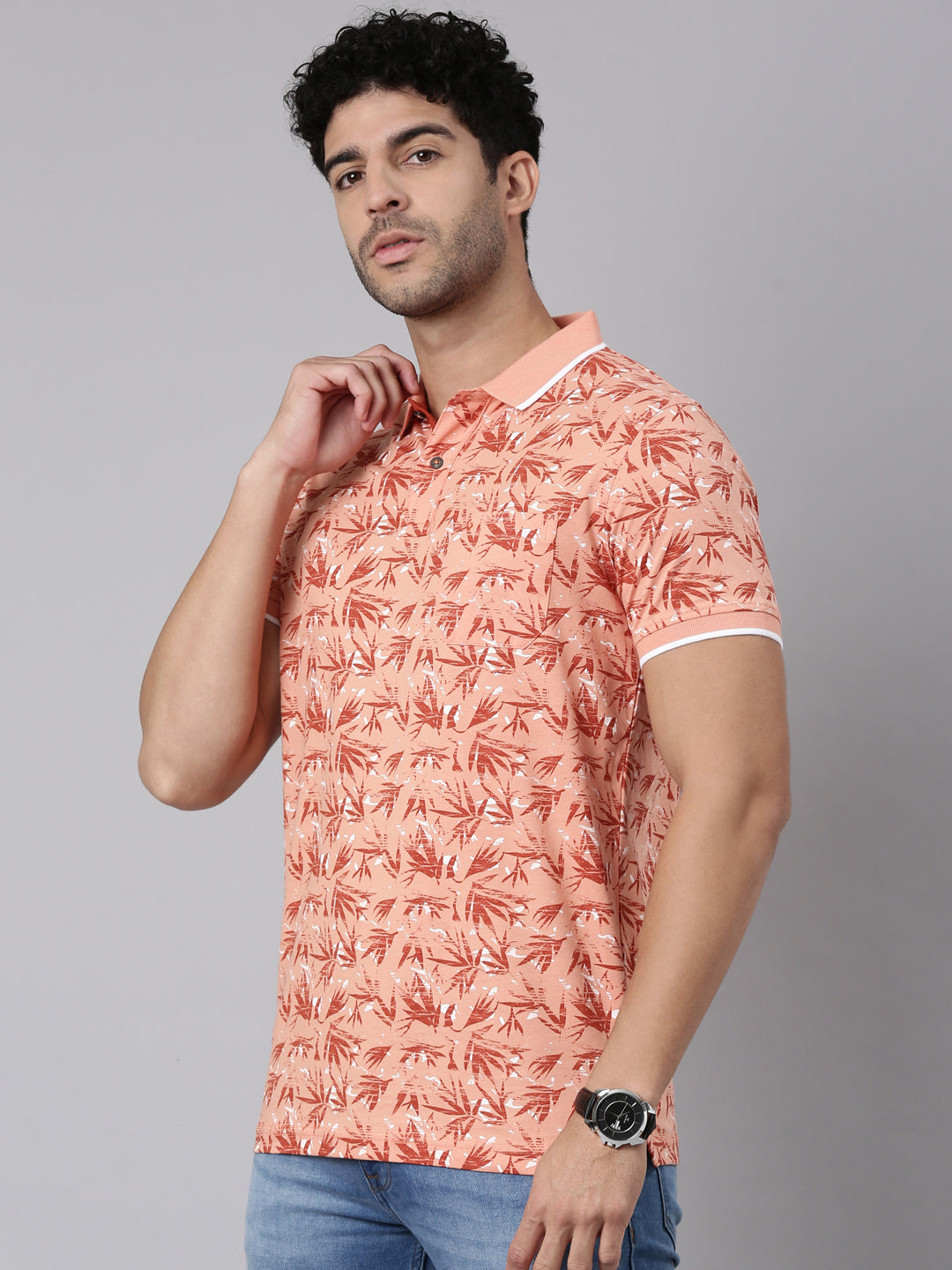 Classic Polo Men's Half Sleeve Dark Peach Polo Neck Slim Fit All-Over Print Cotton T-Shirt | BELLO - 410 B SF P