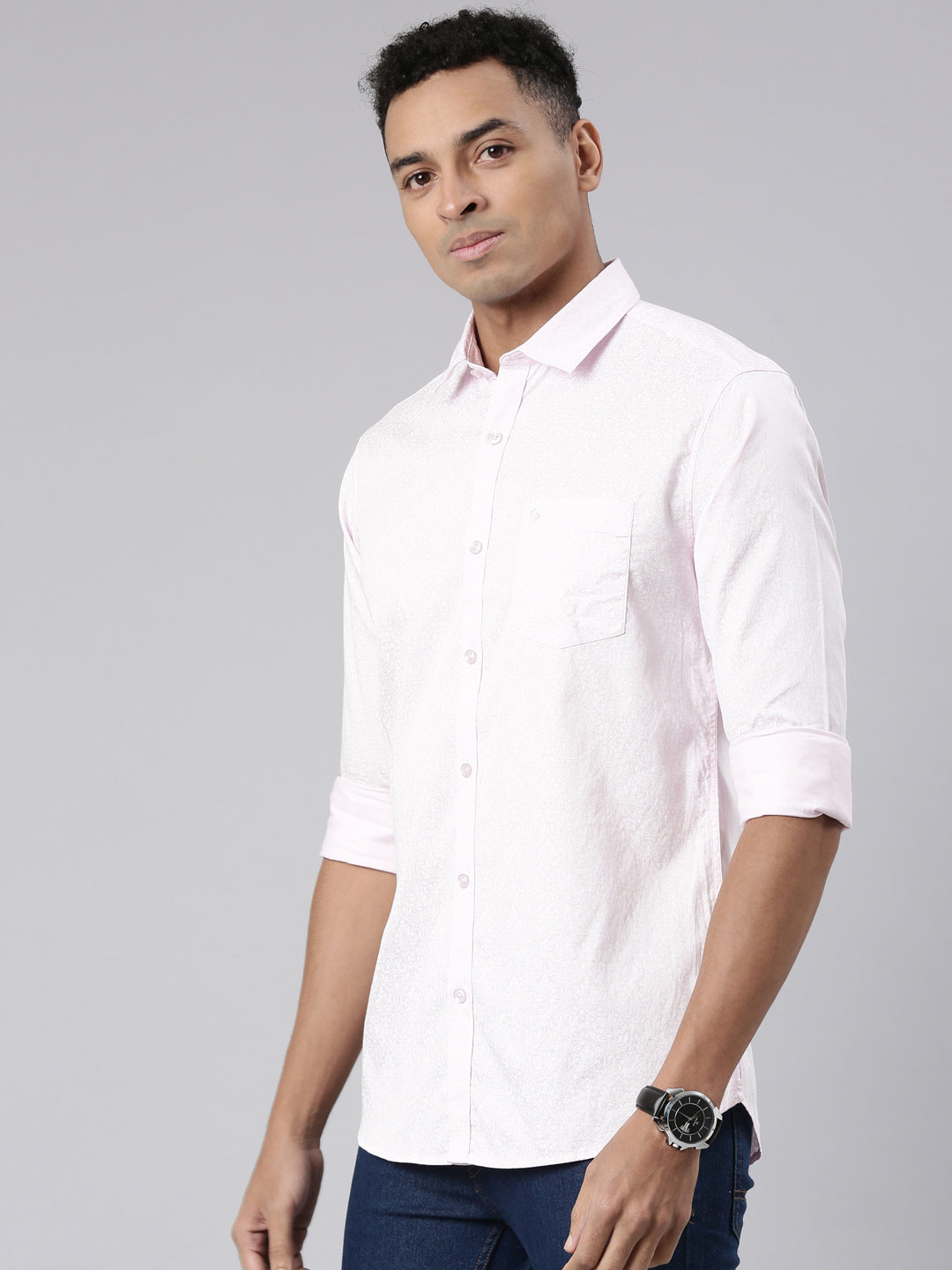 Classic Polo Men's Full Sleeve Lt.Pink/White Polo Neck Cotton Slim Fit Casual Shirt | SP2-139-PRT-SF FS