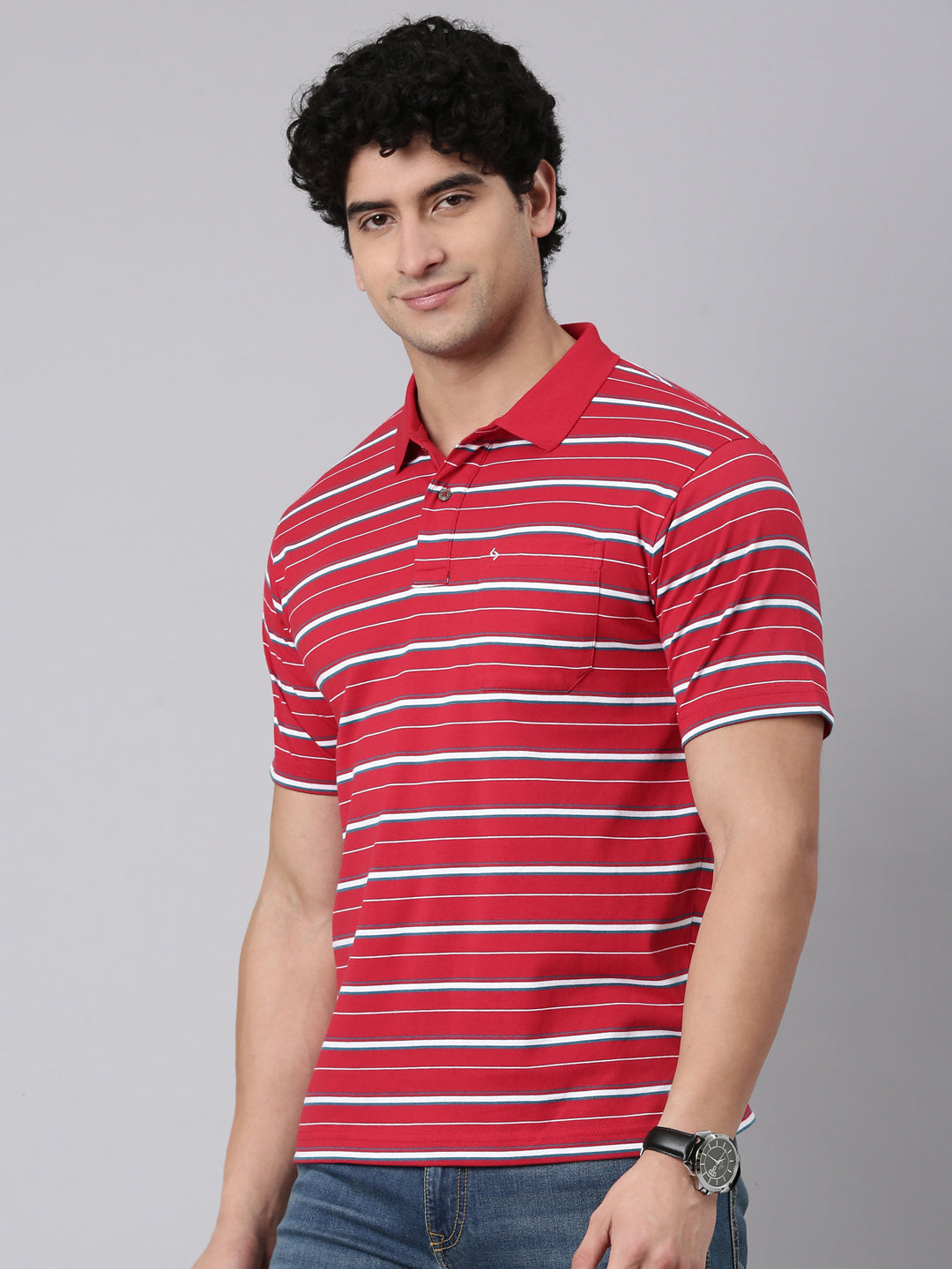 Classic Polo Men's Half Sleeve Red/White Polo Neck Authentic Fit Striped Cotton Blend T-Shirt | FEEDERS - 307 B AF P
