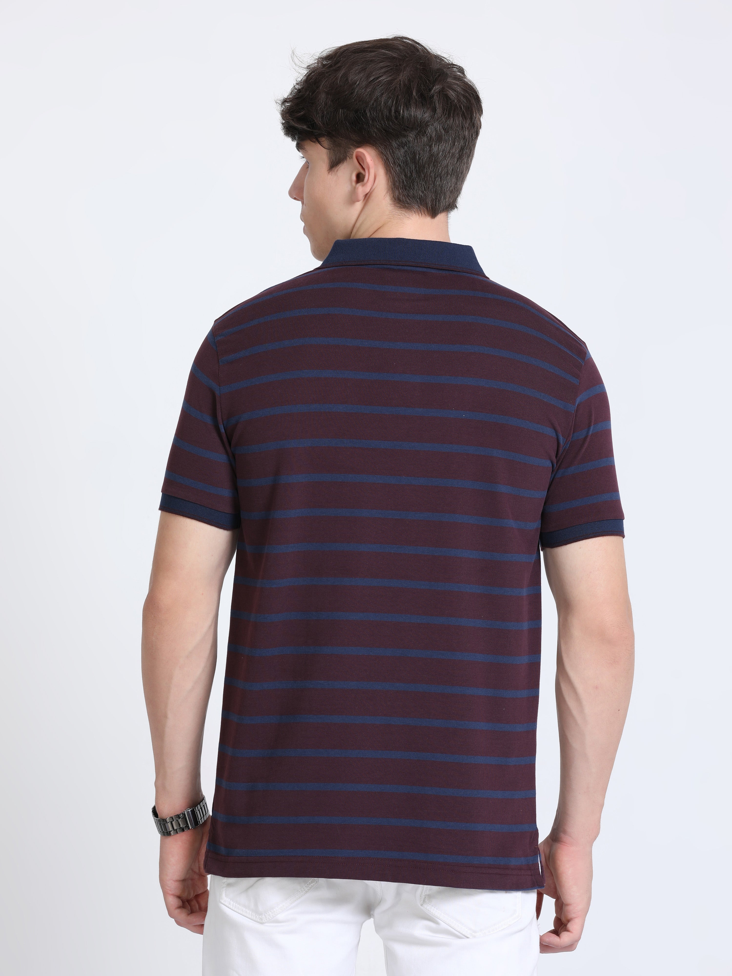Classic Polo Mens Cotton Half Sleeves Striped Slim Fit Polo Neck Burgudy Color T-Shirt | Cpeg - 310 B Sf P