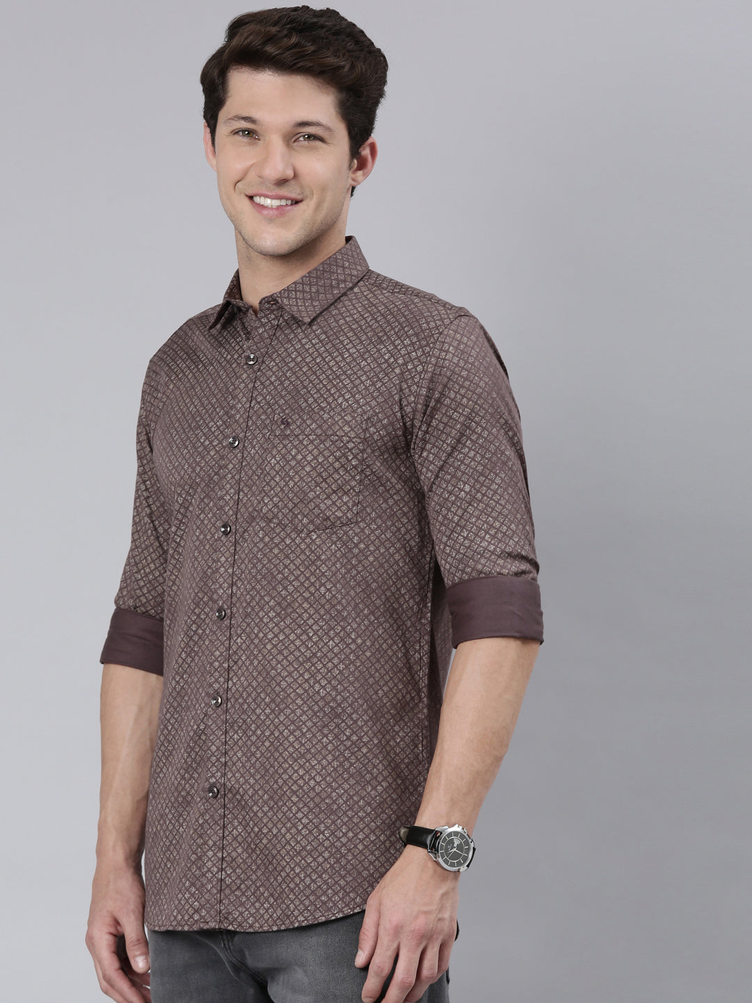 Classic Polo Men's Full Sleeve Dark Brown Polo Neck 100% Cotton Slim Fit Shirt | SP2-148-PRT-SF FS