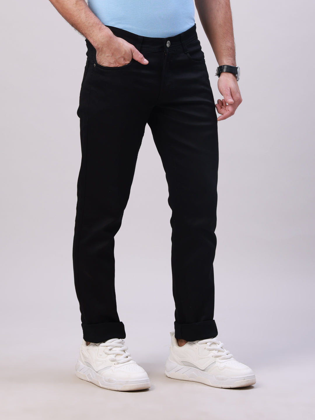 Classic Polo Men's Black Solid Cotton Slim Fit Jeans | LDMQ2-12-BLK-SF