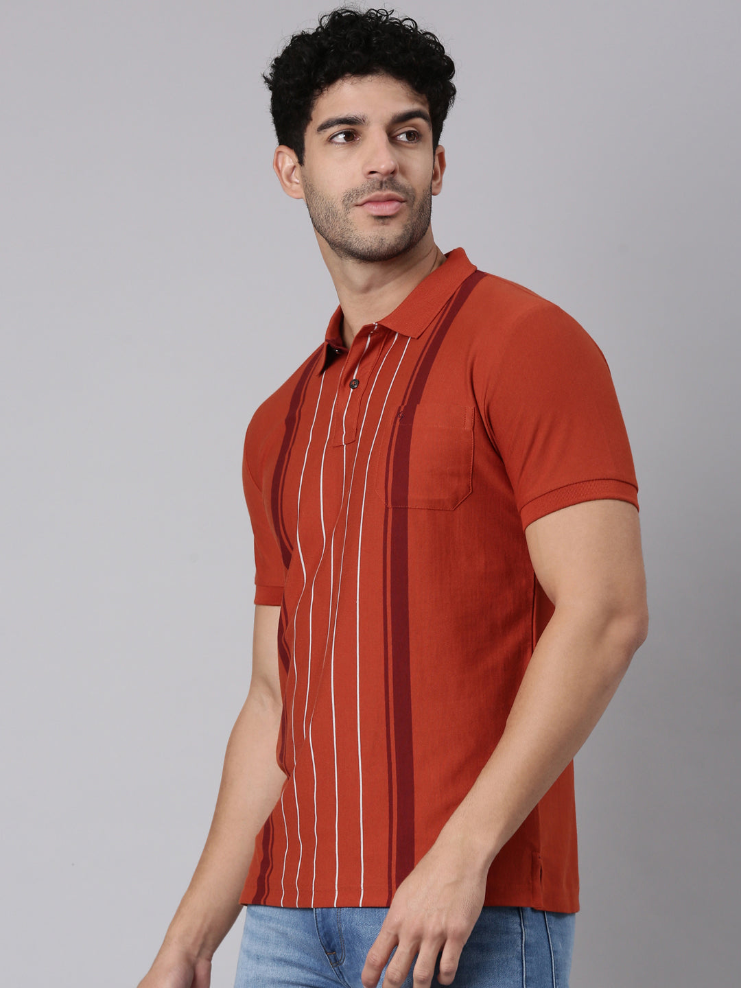 Classic Polo Men's Half Sleeve Rust Polo Neck Slim Fit Striped Cotton Blend T-Shirt | VERTICS - 125 A SF P