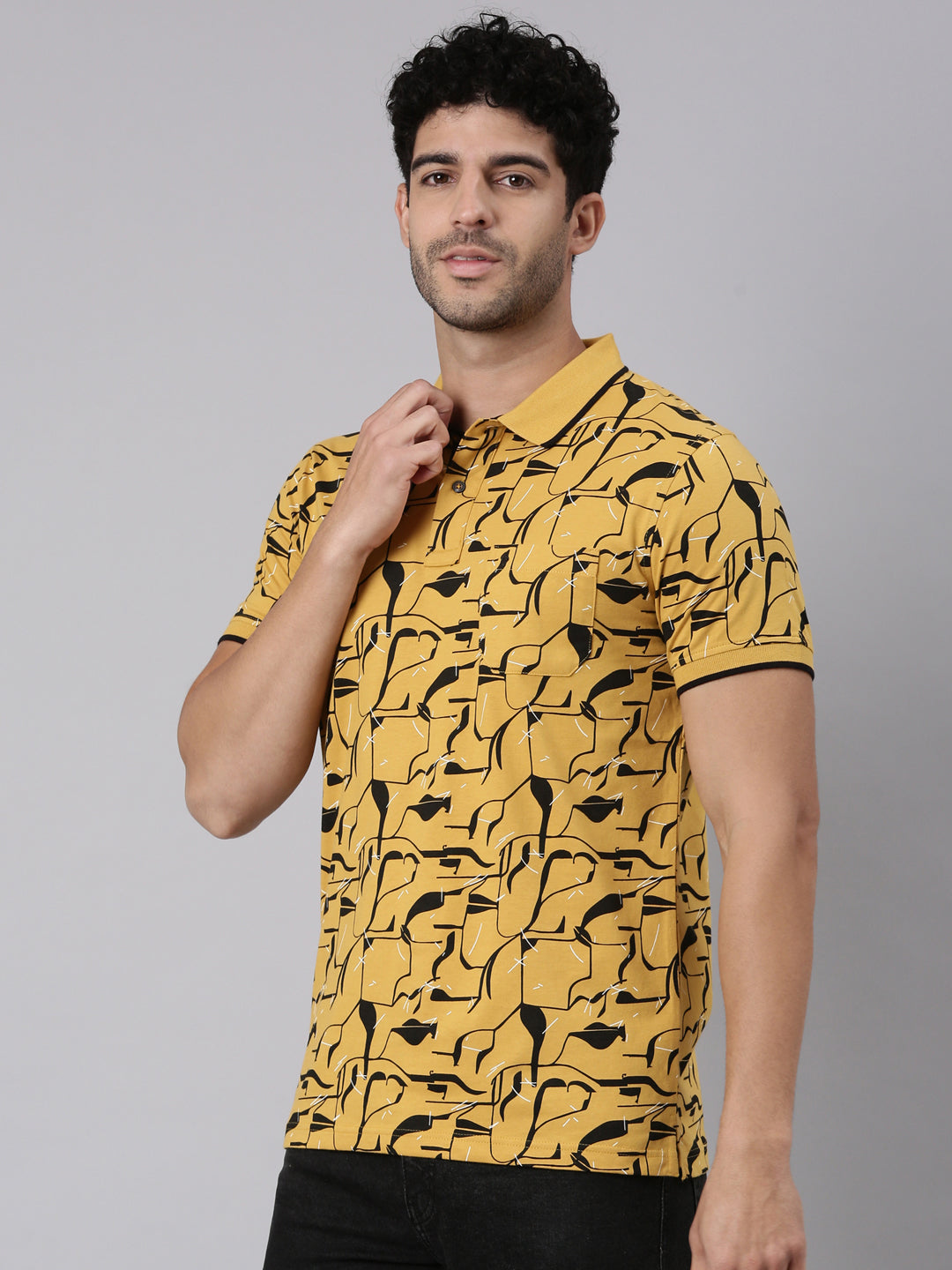 Classic Polo Men's Half Sleeve Yellow/Black Polo Neck Slim Fit All-Over Print Cotton T-Shirt | BELLO - 407 A SF P