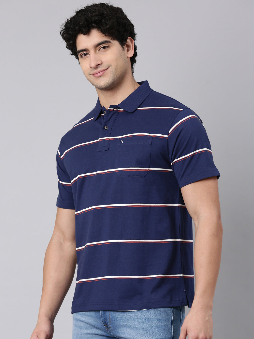 Classic Polo Men's Half Sleeve Navy Blue Polo Neck Authentic Fit Striped Cotton Blend T-Shirt | AVON - 669 A AF P