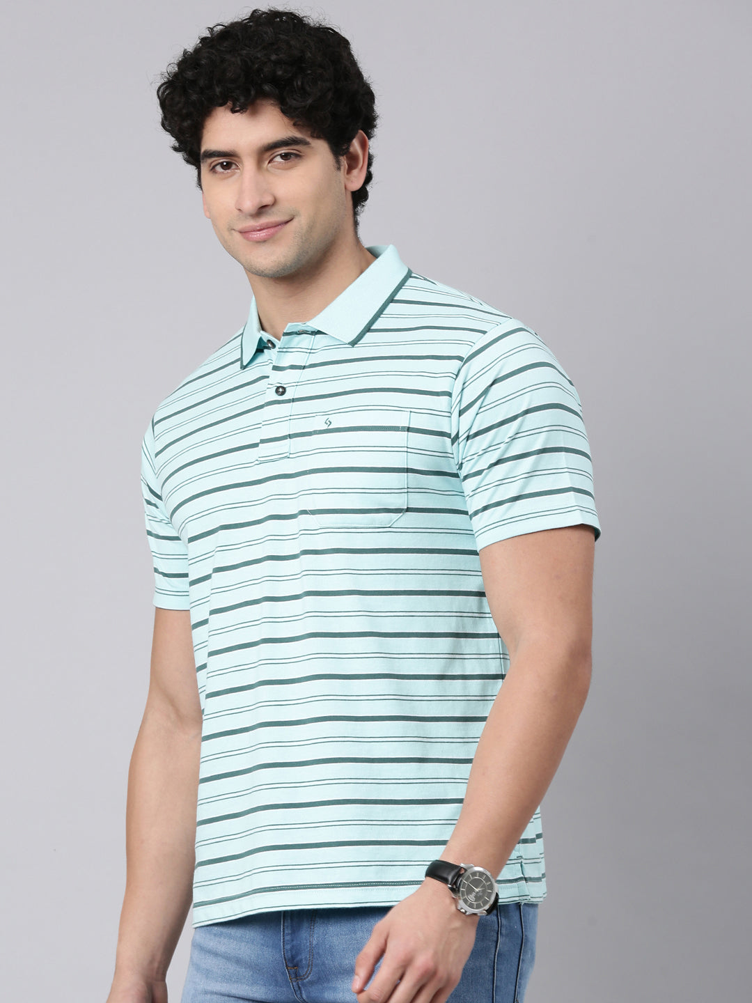 Classic Polo Men's Half Sleeve Light Green Polo Neck Authentic Fit Striped Cotton Blend T-Shirt | FEEDERS - 310 A AF P