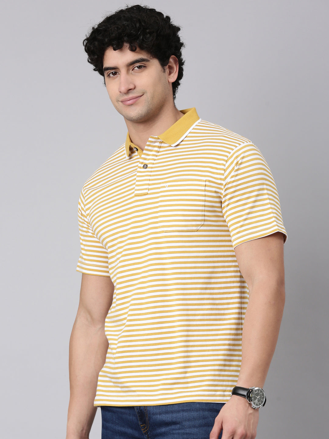 Classic Polo Men's Half Sleeve Yellow/White Polo Neck Authentic Fit Striped Cotton Blend T-Shirt | FEEDERS - 304 B AF P