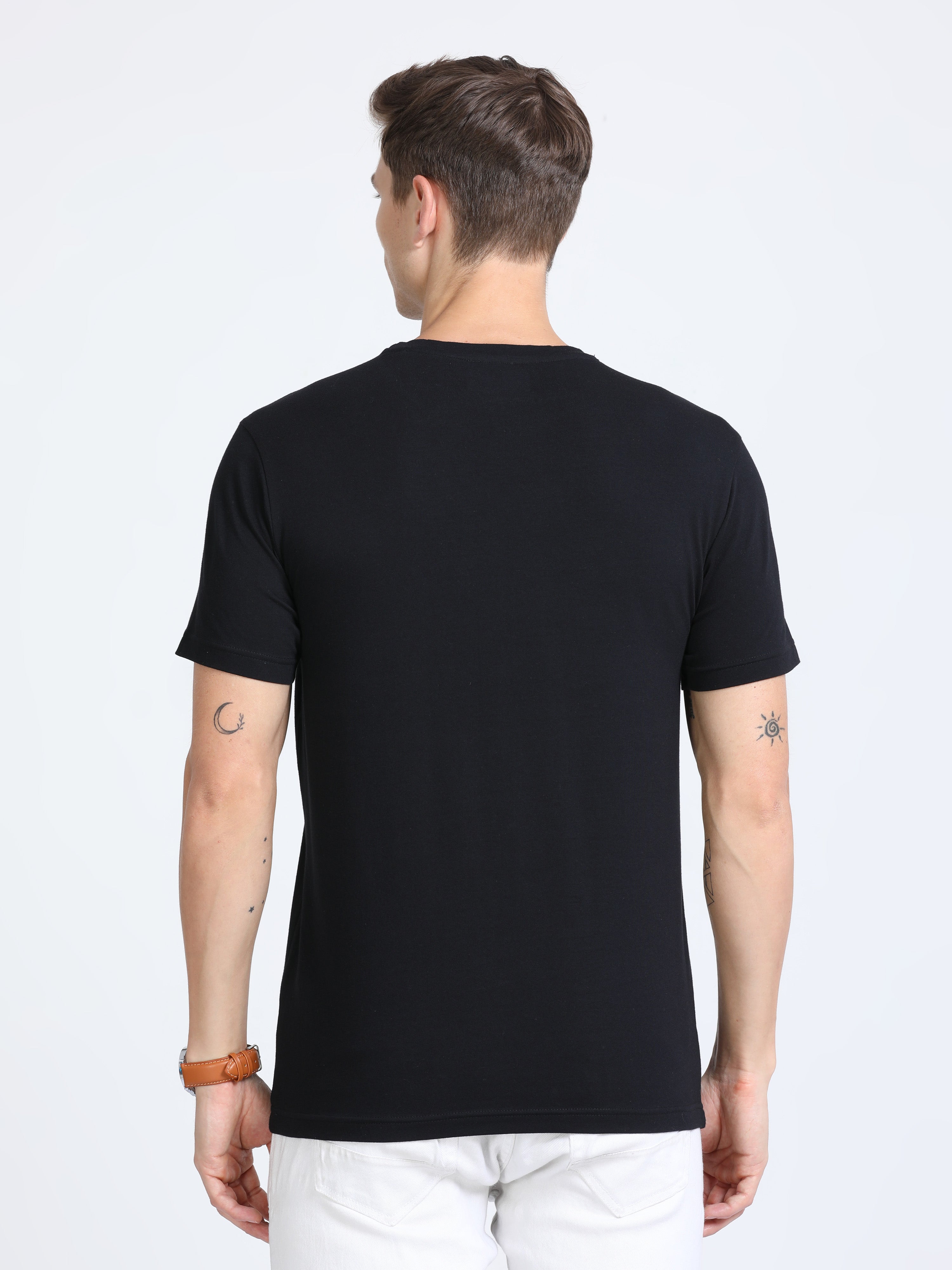 Classic Polo Mens Cotton Half Sleeves Printed Slim Fit Crew Neck Black Color T-Shirt | Baleno - 564 A Sf C