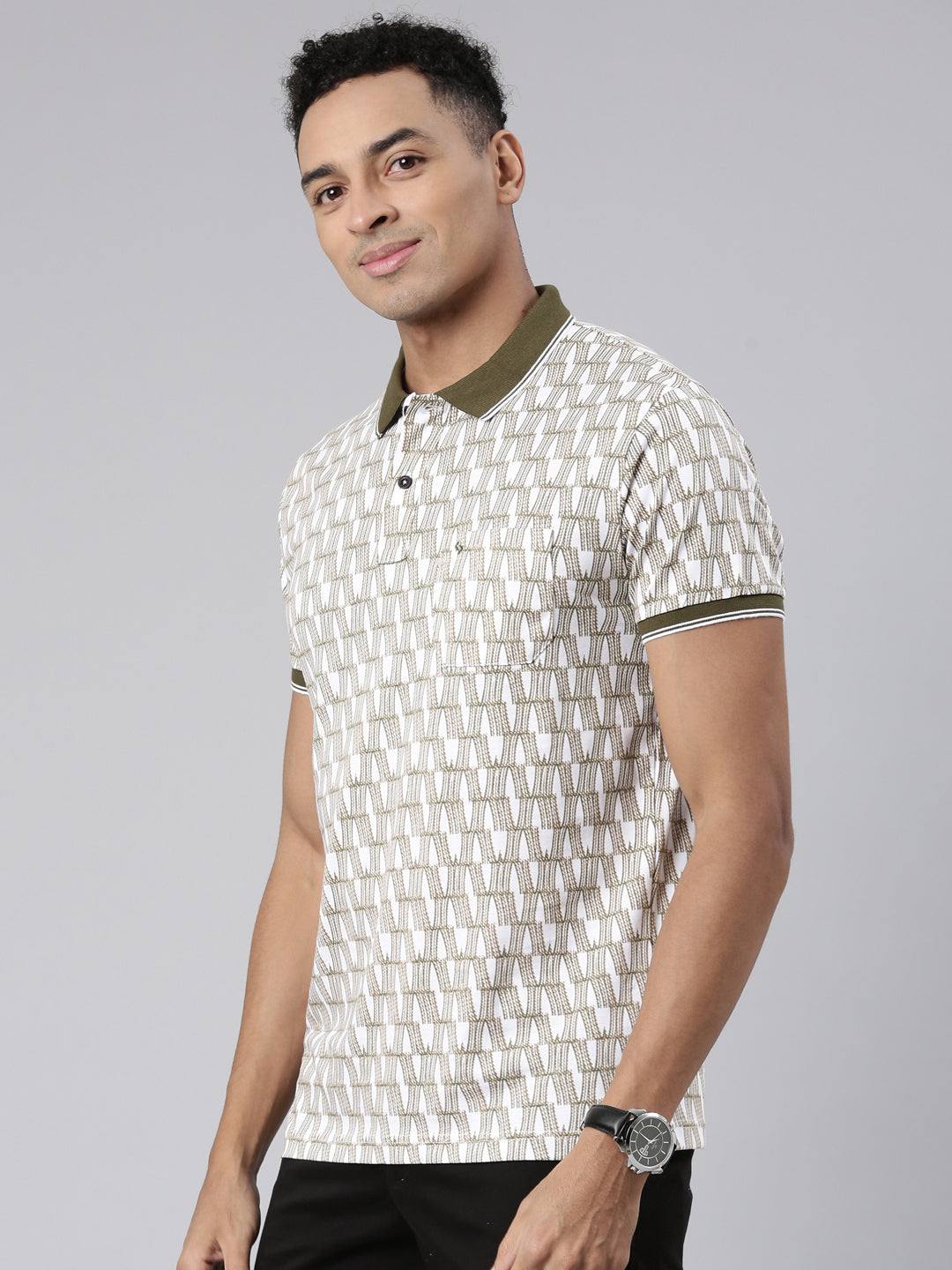 Classic Polo Men's Half Sleeve Olive/White Polo Neck Cotton Blend Slim Fit T-Shirt | BELLO - 304 B SF P