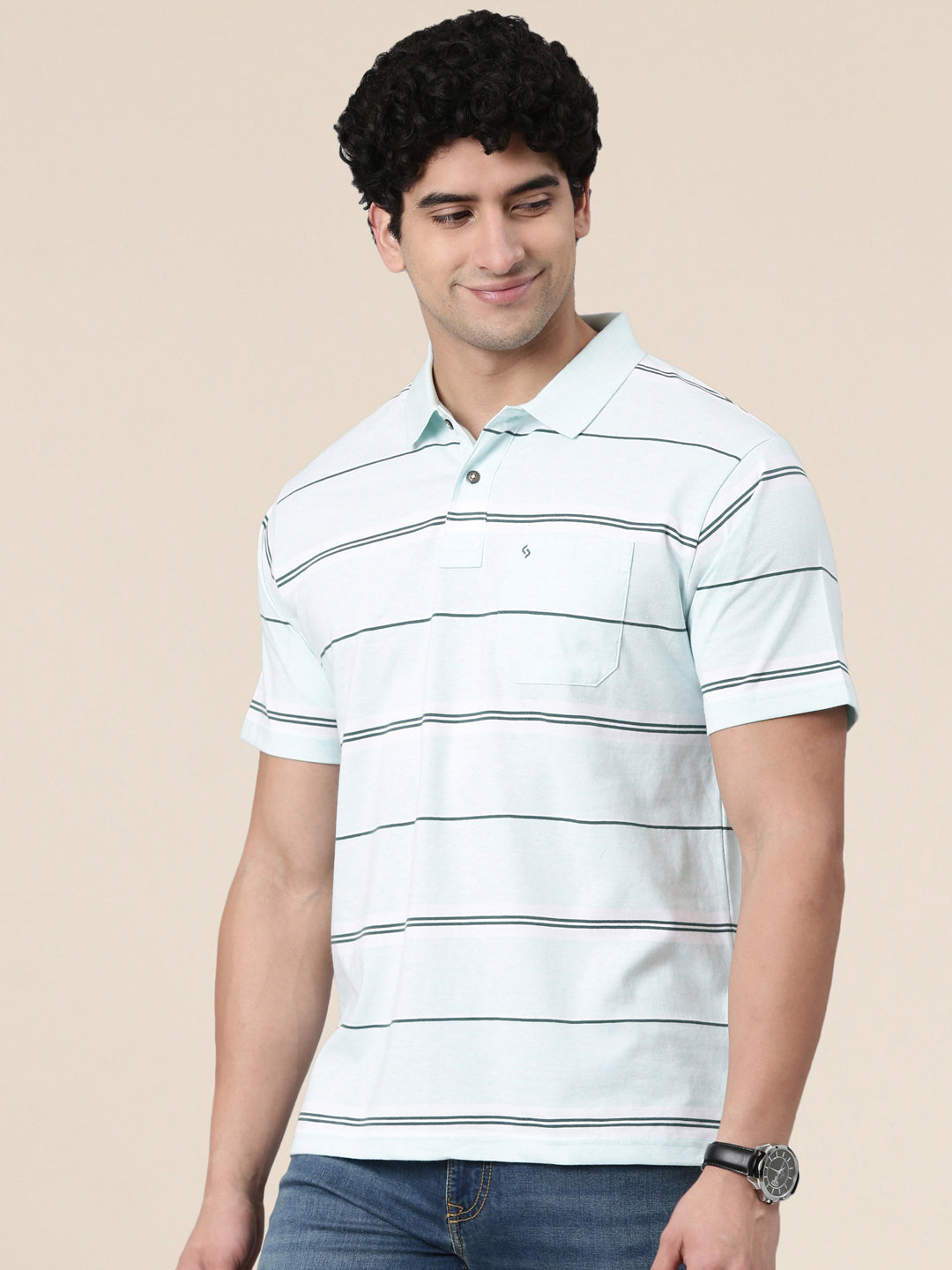 Classic Polo Men's Half Sleeve Light Blue Polo Neck Authentic Fit Striped Cotton Blend T-Shirt | AVON - 659 B AF P