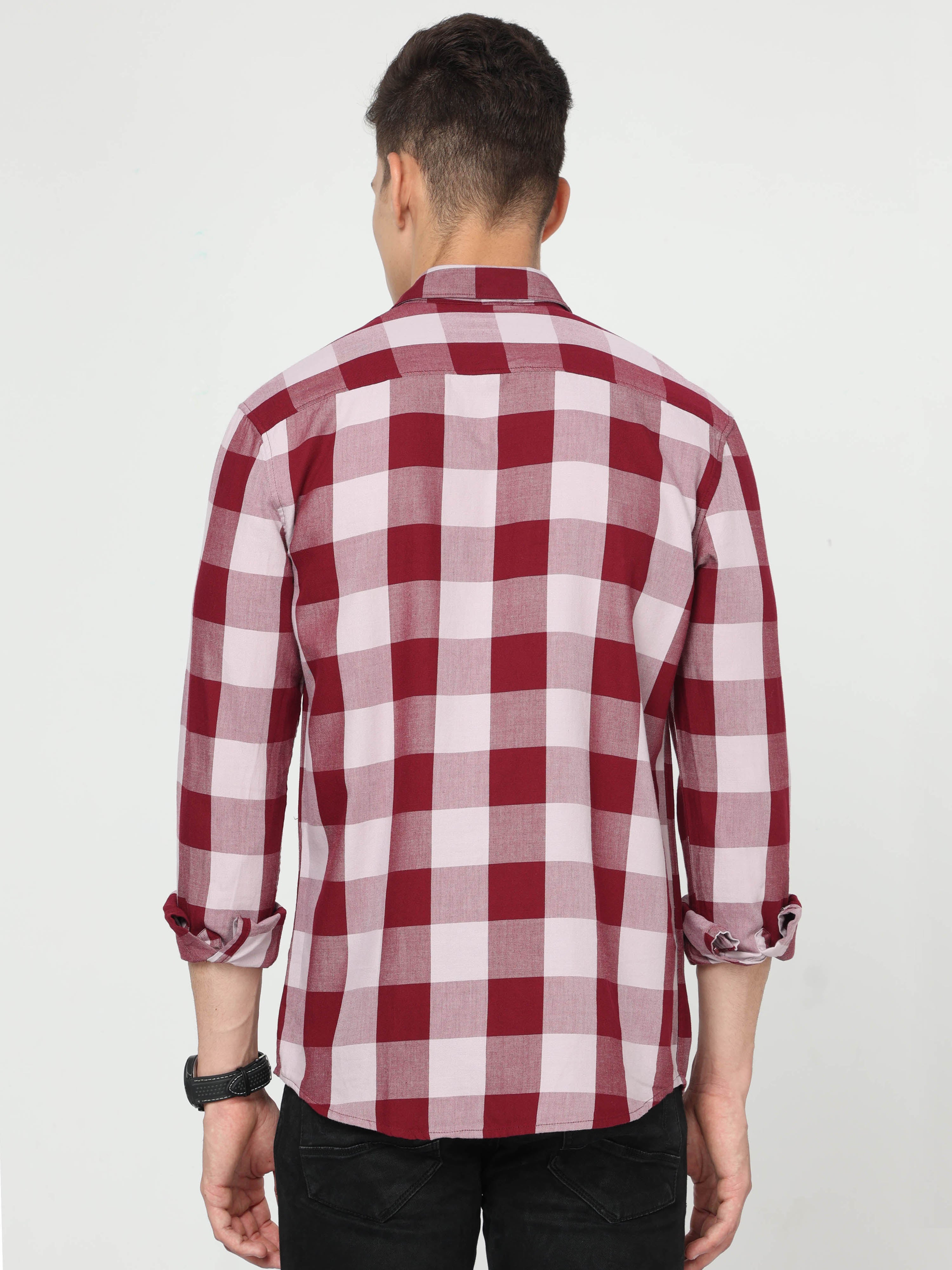 Classic Polo Mens Cotton Full Sleeve Checked Slim Fit Polo Neck Maroon Color Woven Shirt | SO1-156 A-FS-CHK