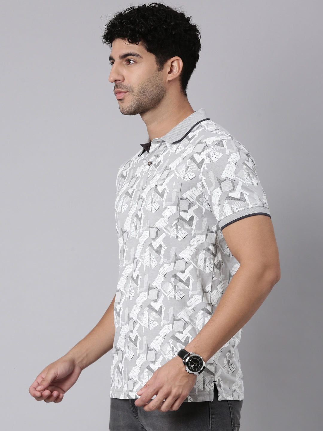 Classic Polo Men's Half Sleeve Grey Polo Neck Slim Fit All-Over Print Cotton T-Shirt | BELLO - 409 B SF P