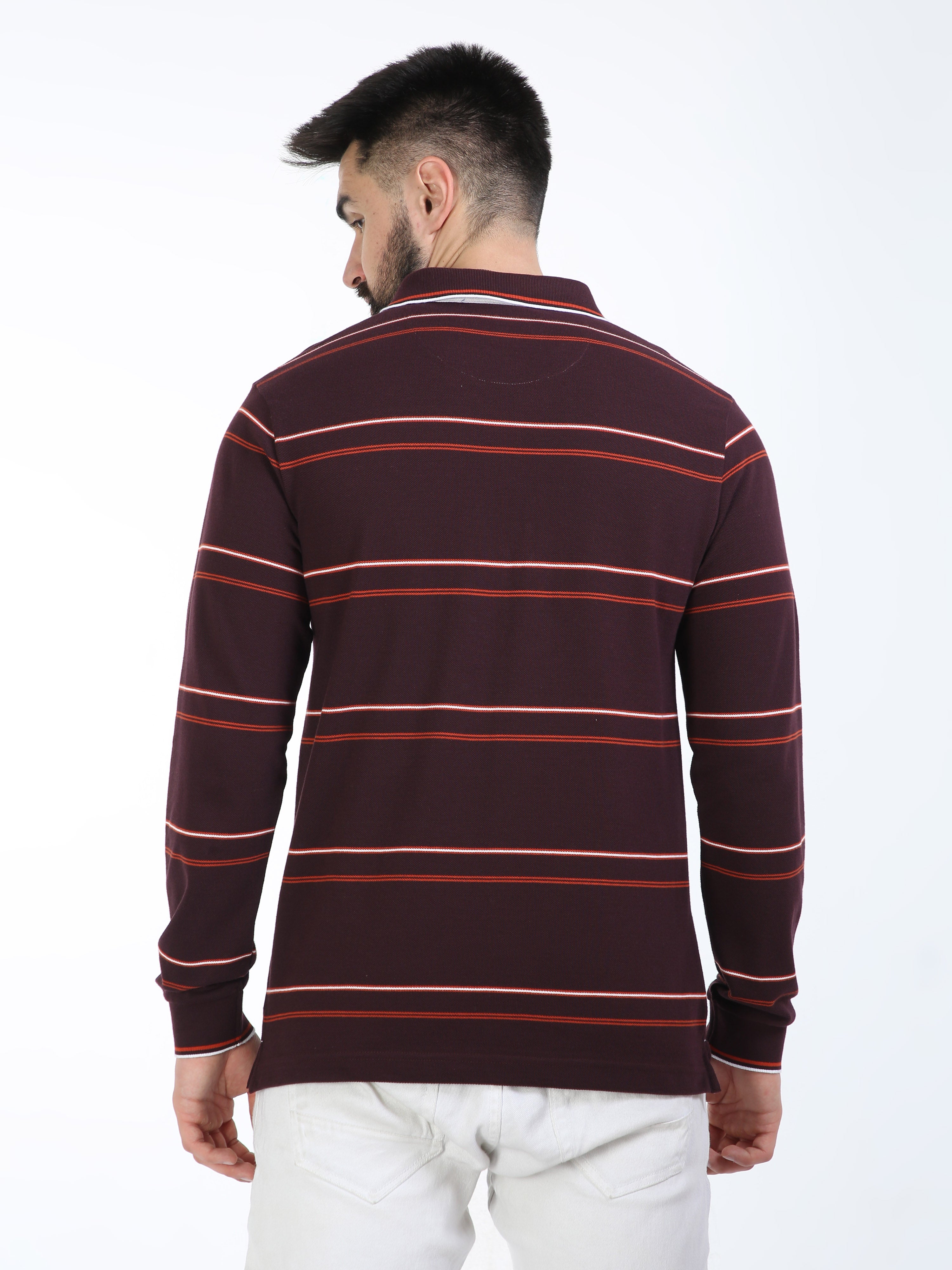 Classic Polo Mens Cotton Full Sleeve Striped Slim Fit Polo Neck Maroon Color T-Shirt | Verno - 333 B Sf P