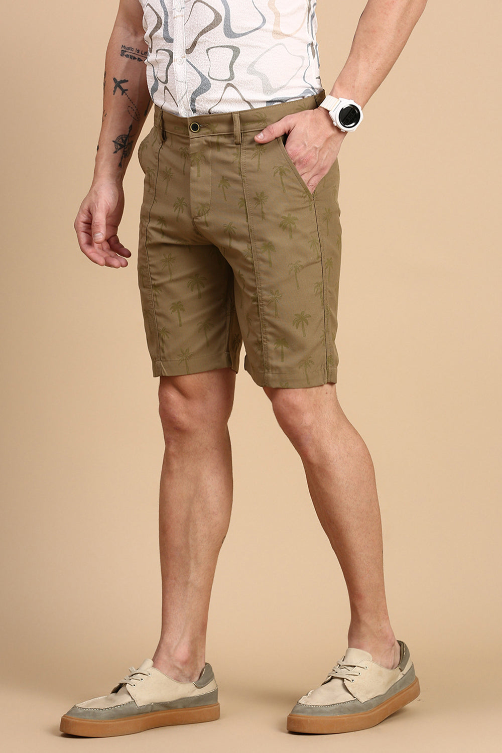Classic Polo Men's Khaki/Green Slim Fit All Over Print Woven Shorts | CPSHT-CL-05 C-PRT-CRF
