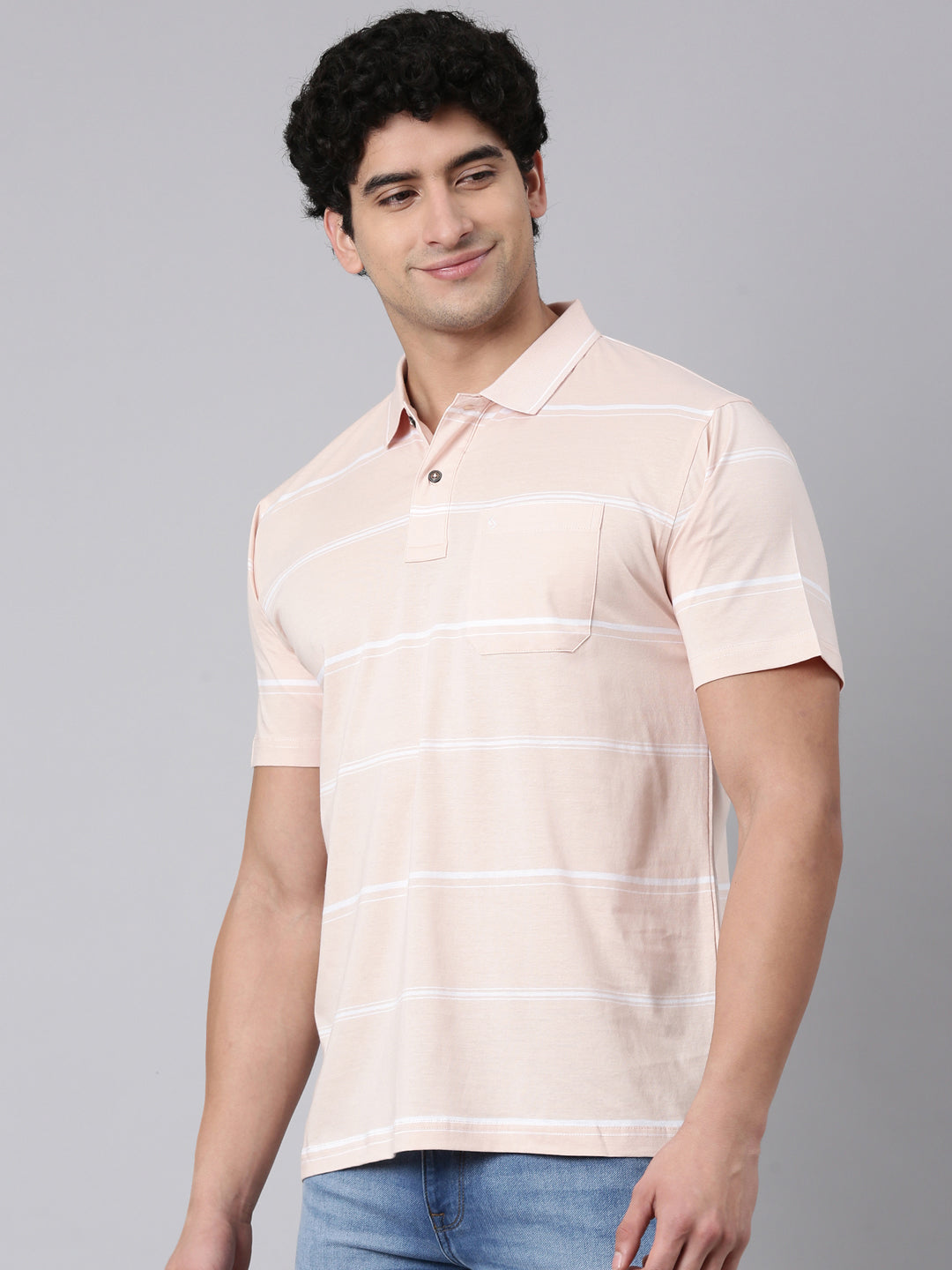 Classic Polo Men's Half Sleeve Light Peach Polo Neck Authentic Fit Striped Cotton T-Shirt | AP - 156 B AF P