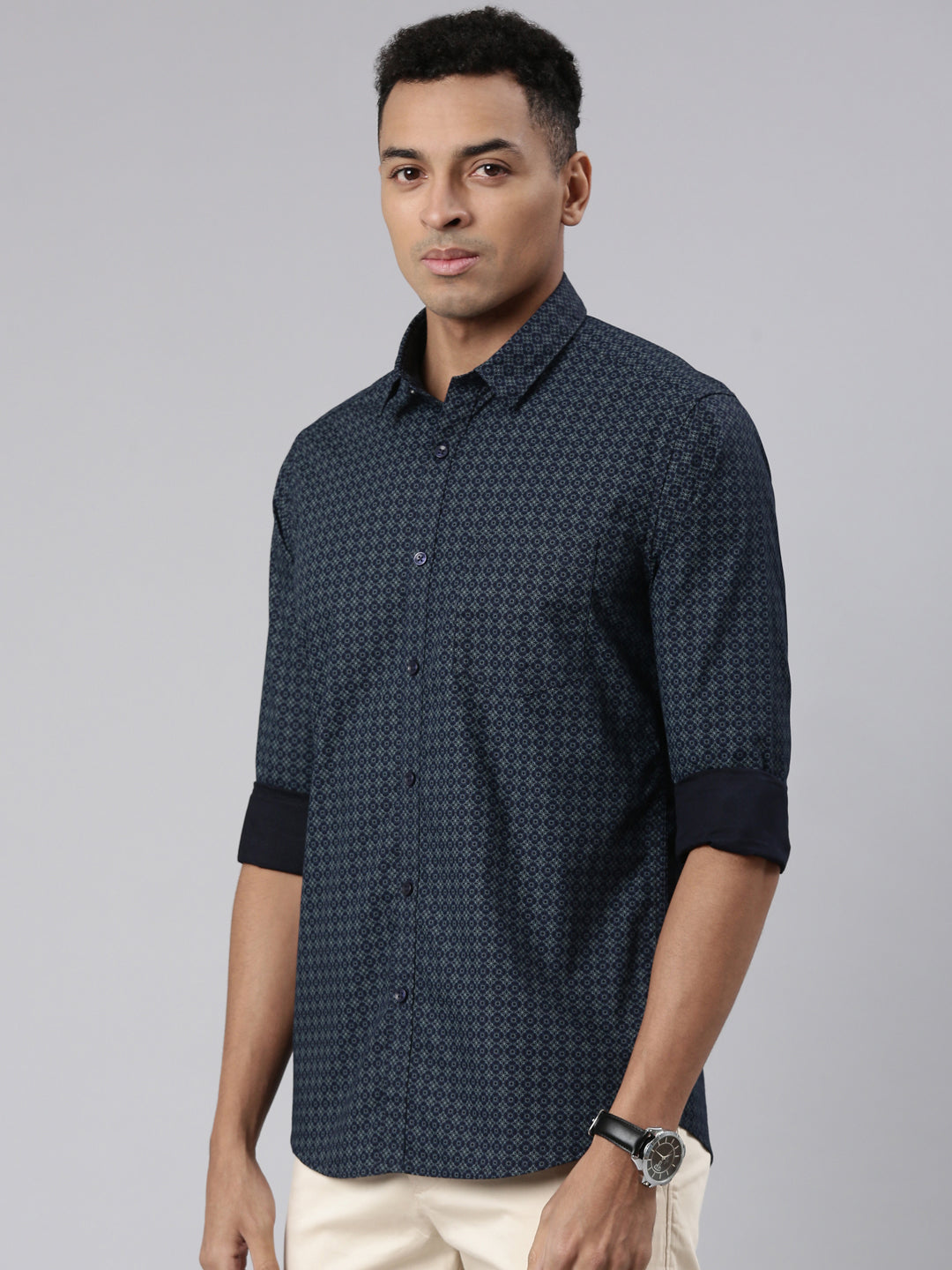 Classic Polo Men's Full Sleeve Navy Blue Polo Neck Cotton Slim Fit Casual Shirt | SP2-CL-58 B-FS-PRT-SF