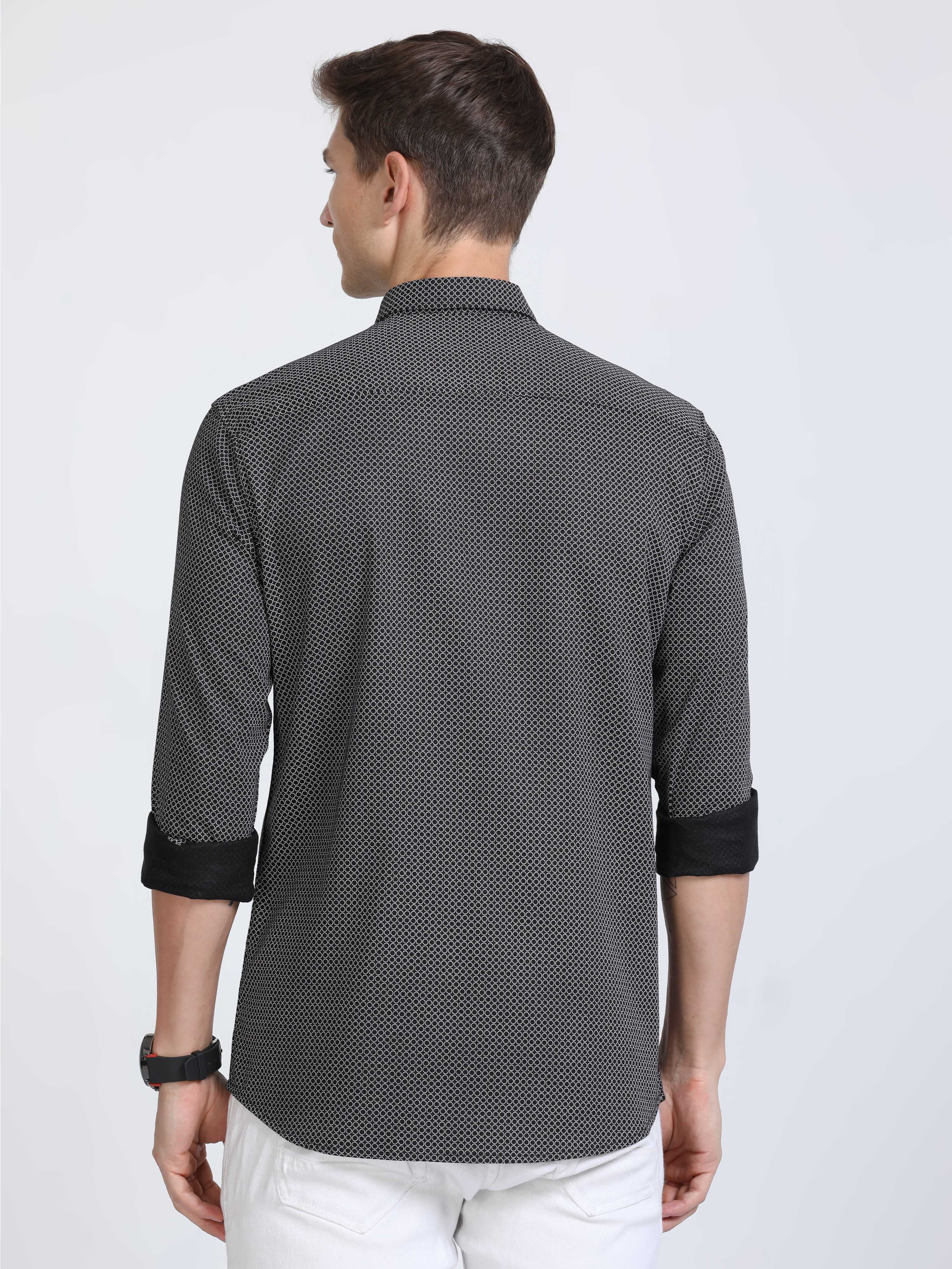 Classic Polo Mens Pure Cotton Full Sleeves Printed Slim Fit Polo Neck Black Color Woven Shirt | So2-160 B-Fs-Prt-Sf