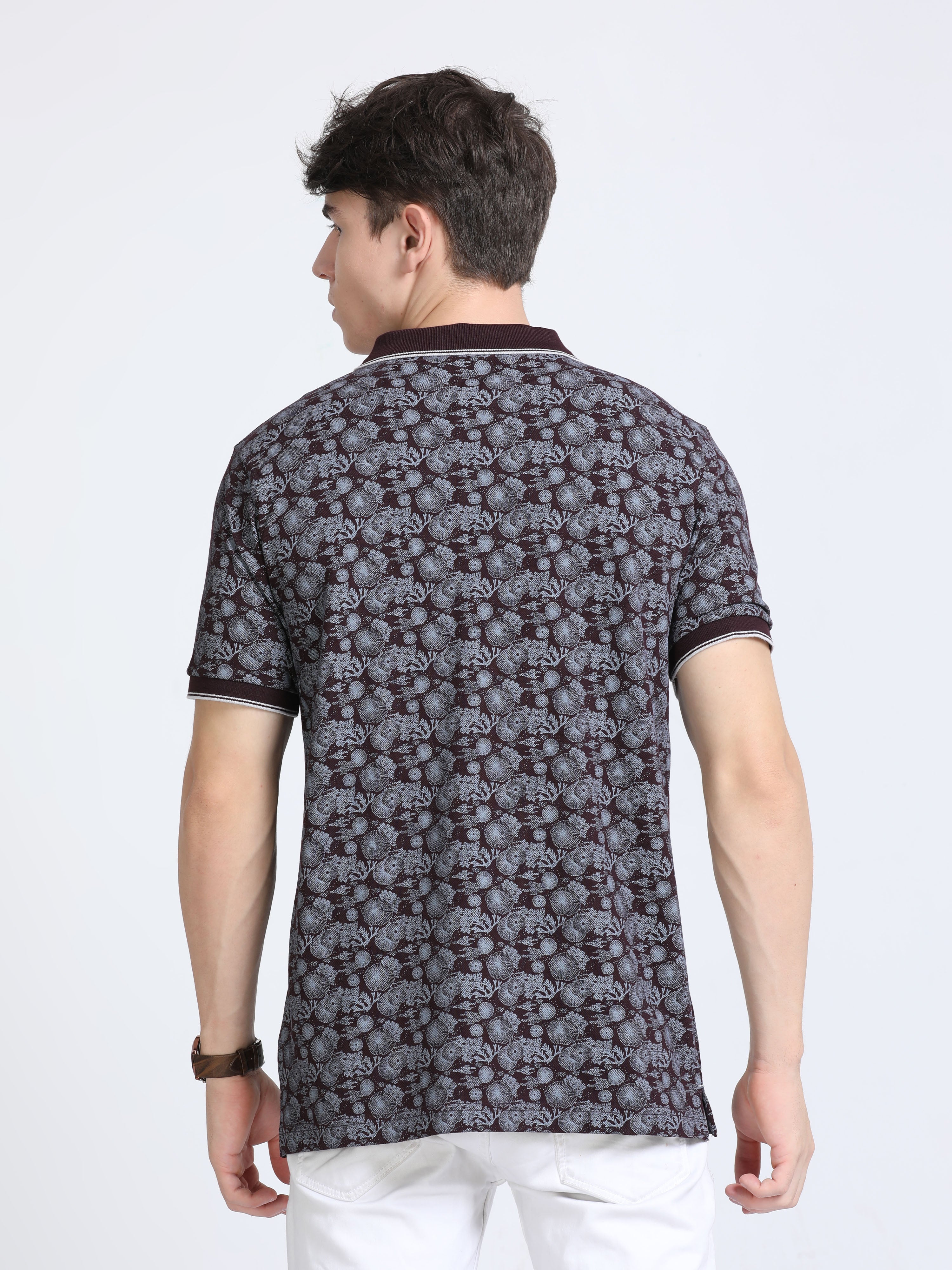 Classic Polo Mens Pure Cotton Half Sleeves Floral Slim Fit Polo Neck Black Color T-Shirt | Beau - 219 B Sf P