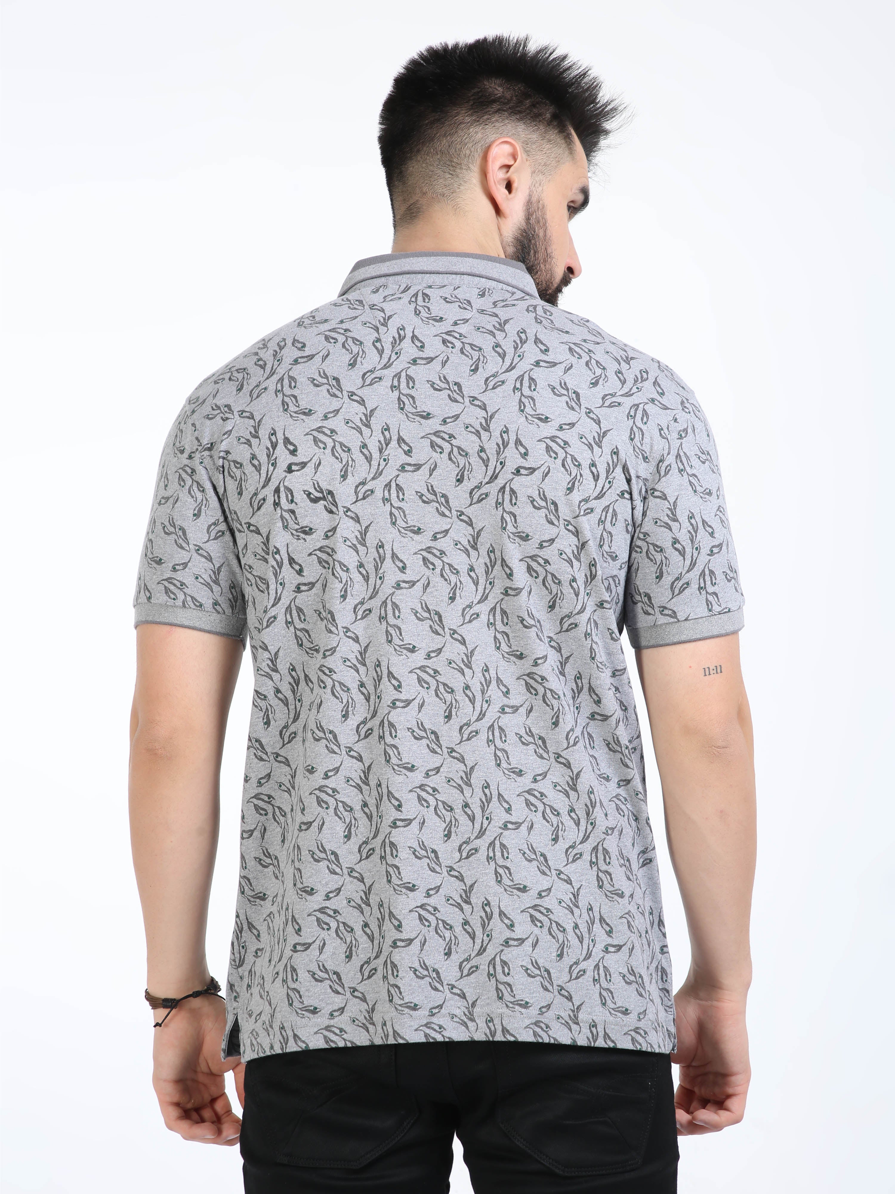 Classic Polo Mens Cotton Half Sleeves Floral Slim Fit Polo Neck Grey Color T-Shirt | Prm - 792 B Sf P