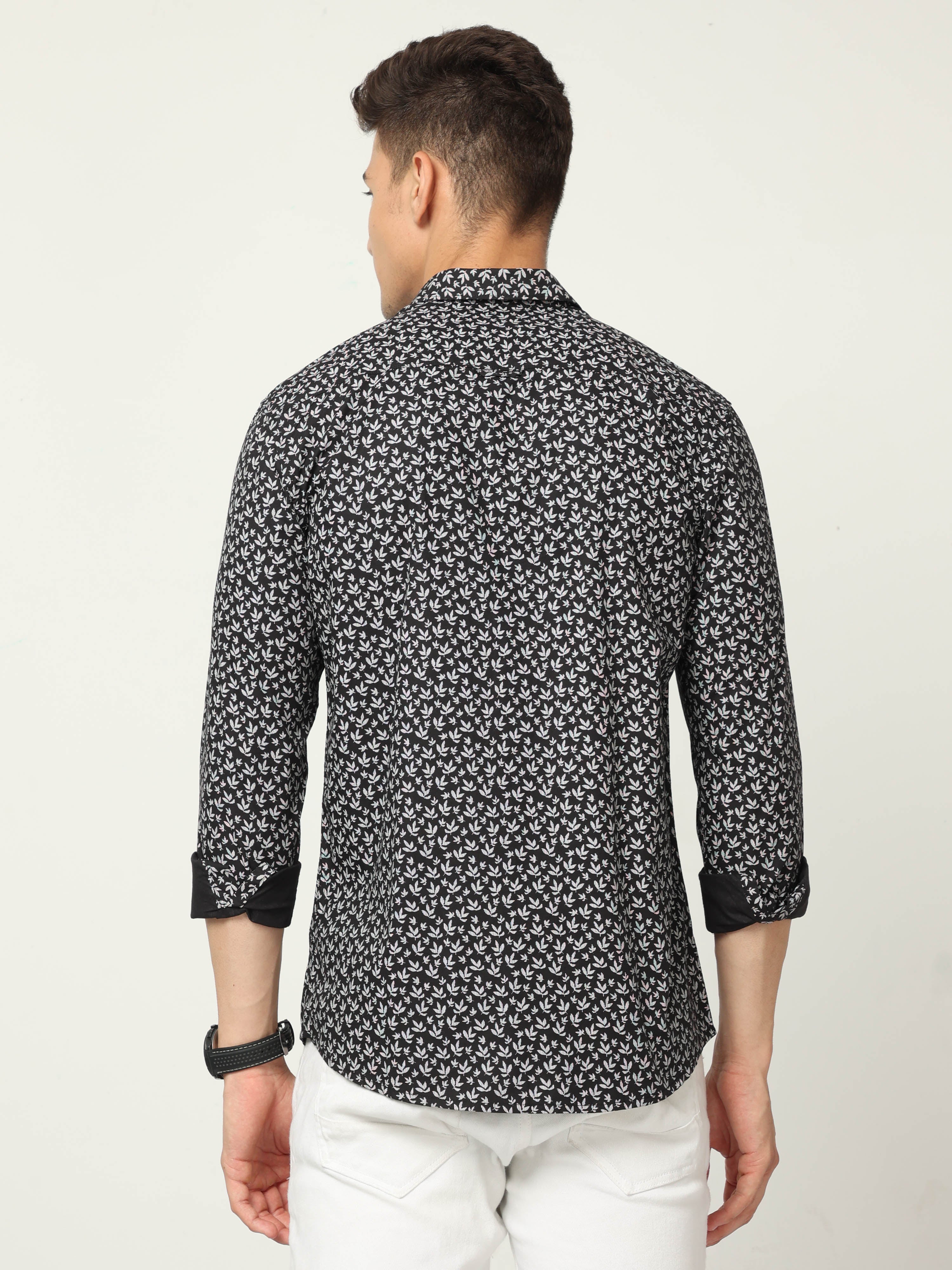Classic Polo Mens Cotton Full Sleeve Printed Slim Fit Polo Neck Black Color Woven Shirt | SO1-169 B-FS-PRT