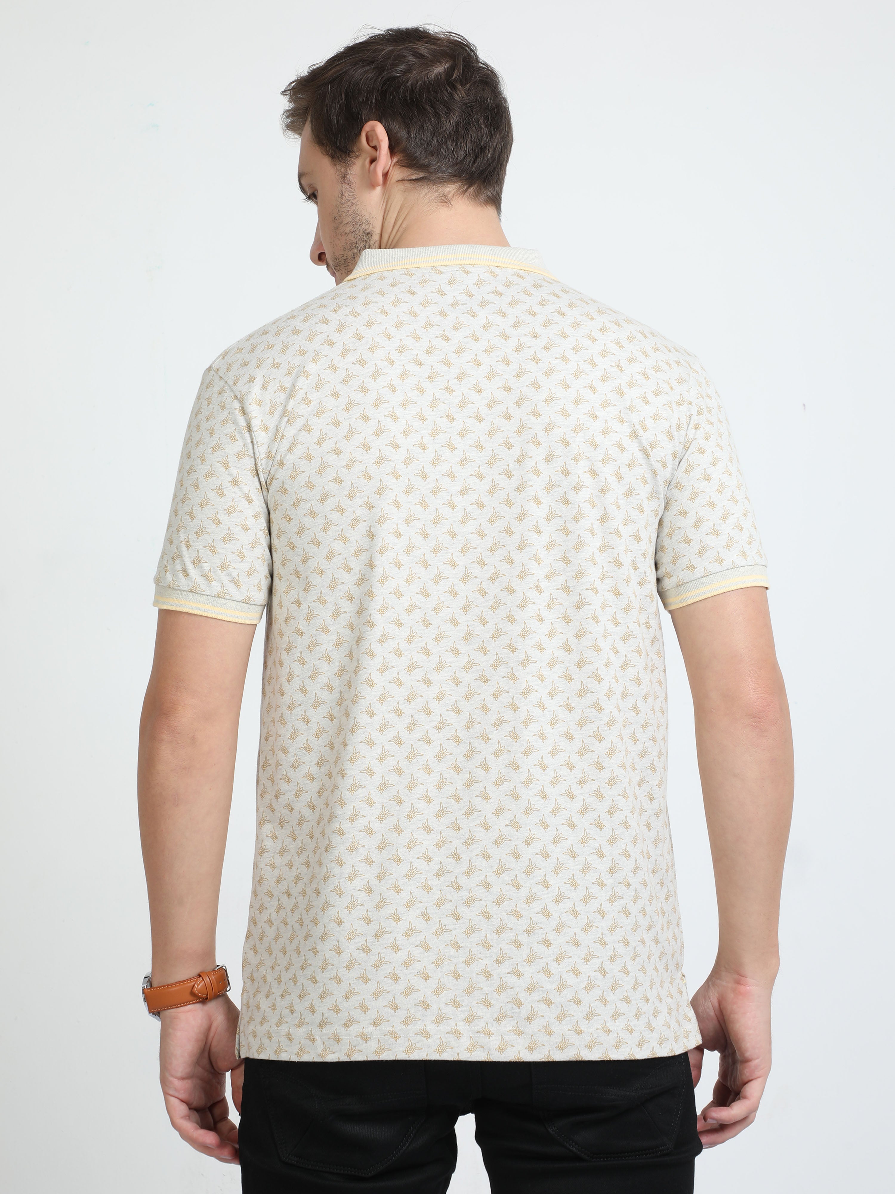 Classic Polo Mens Cotton Half Sleeves Floral Slim Fit Polo Neck Cream Color T-Shirt | Bello - 226 B Sf P