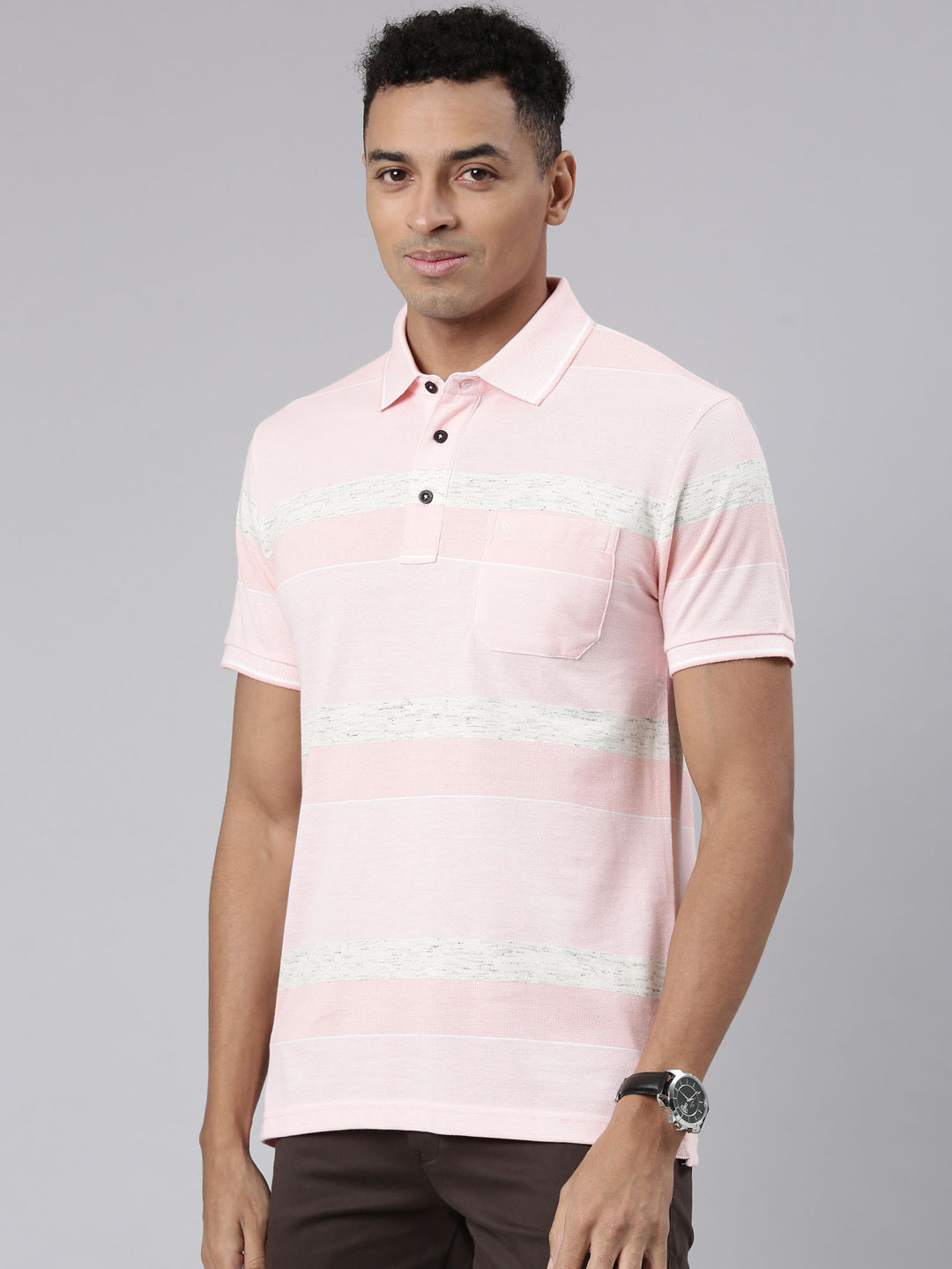 Classic Polo Men's Half Sleeve Lt.Peach/White Polo Neck Cotton Blend Slim Fit T-Shirt | VTA - 267 A SF P