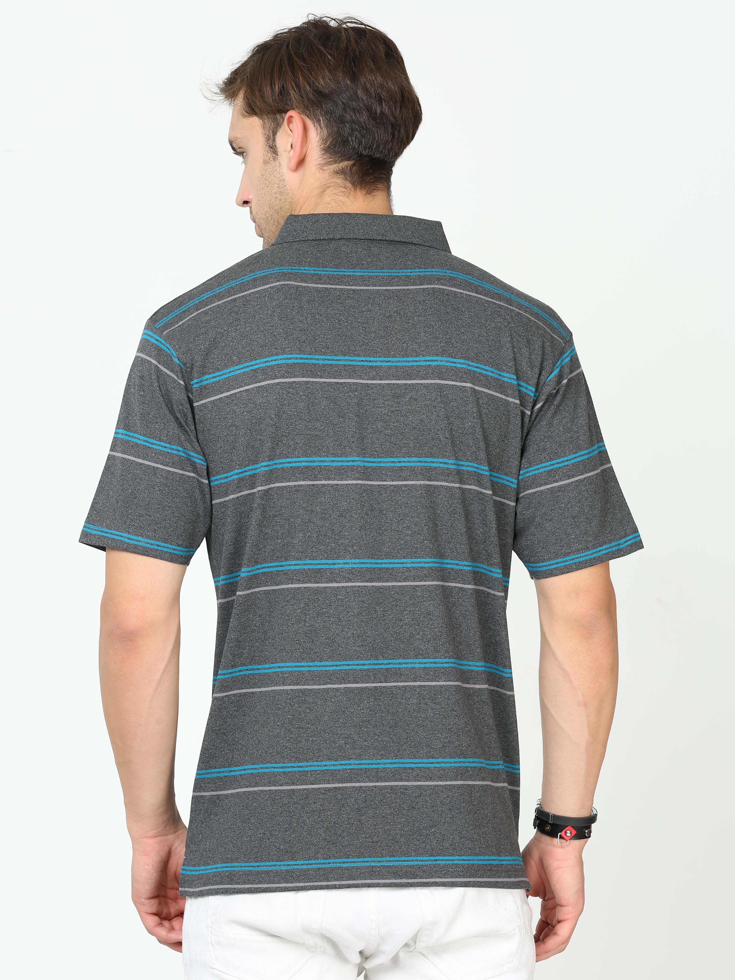 Classic Polo Mens Cotton Half Sleeves Striped Authentic Fit Polo Neck Black Color T-Shirt | Avon - 543 A Af P
