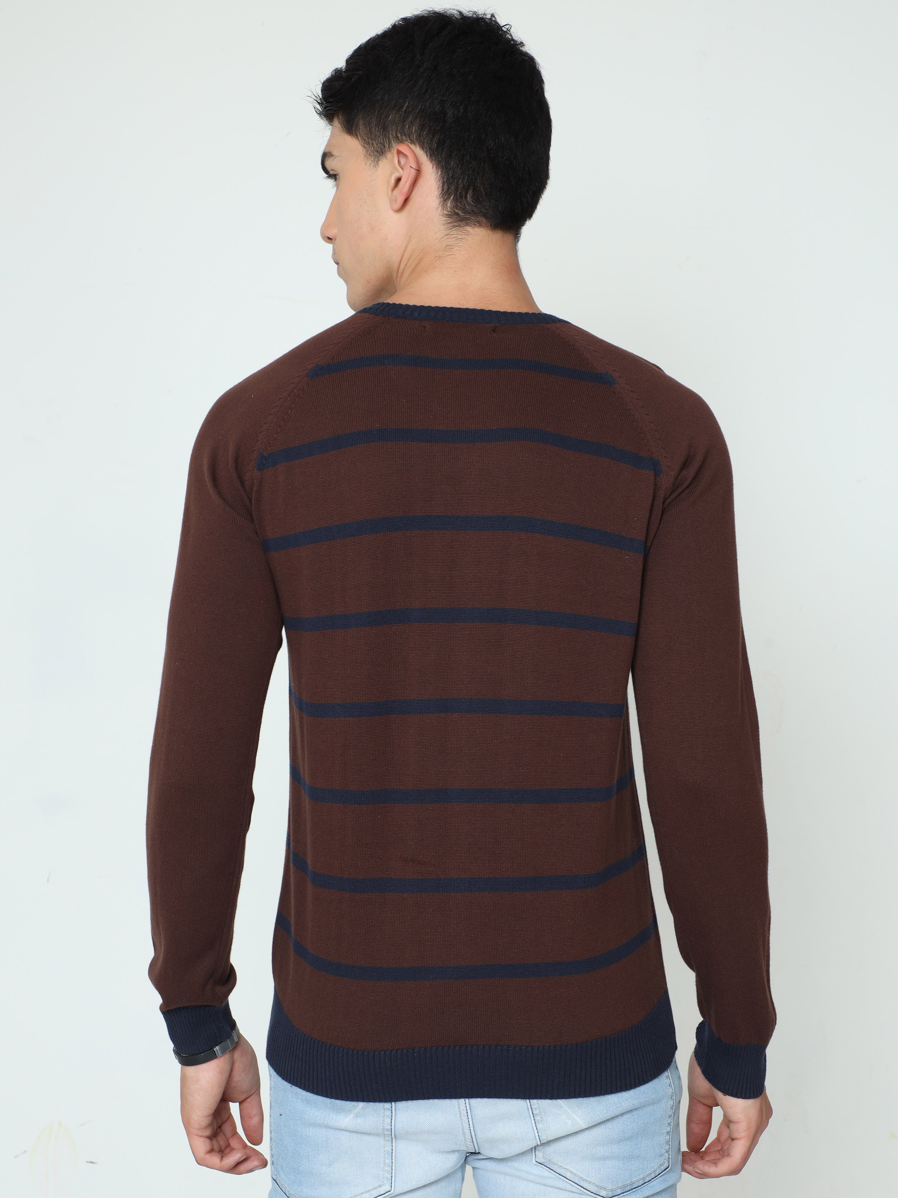 Classic Polo Mens 100% Cotton Maroon Striped V Neck Full Sleeves Slim Fit Sweater |Cp-Swt-05