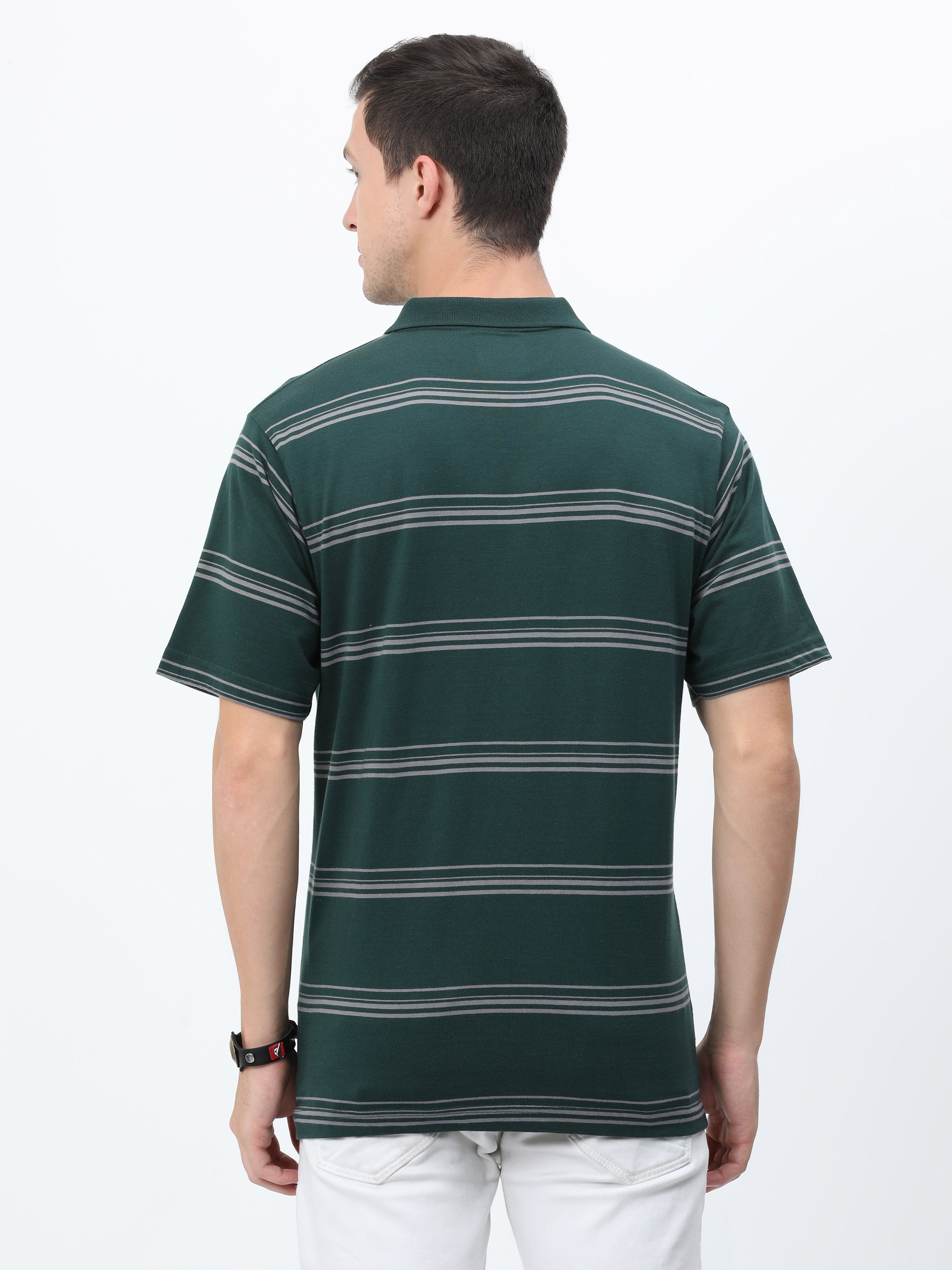 Classic Polo Mens Cotton Half Sleeves Striped Authentic Fit Polo Neck Dark Green Color T-Shirt | Avon - 540 B Af P