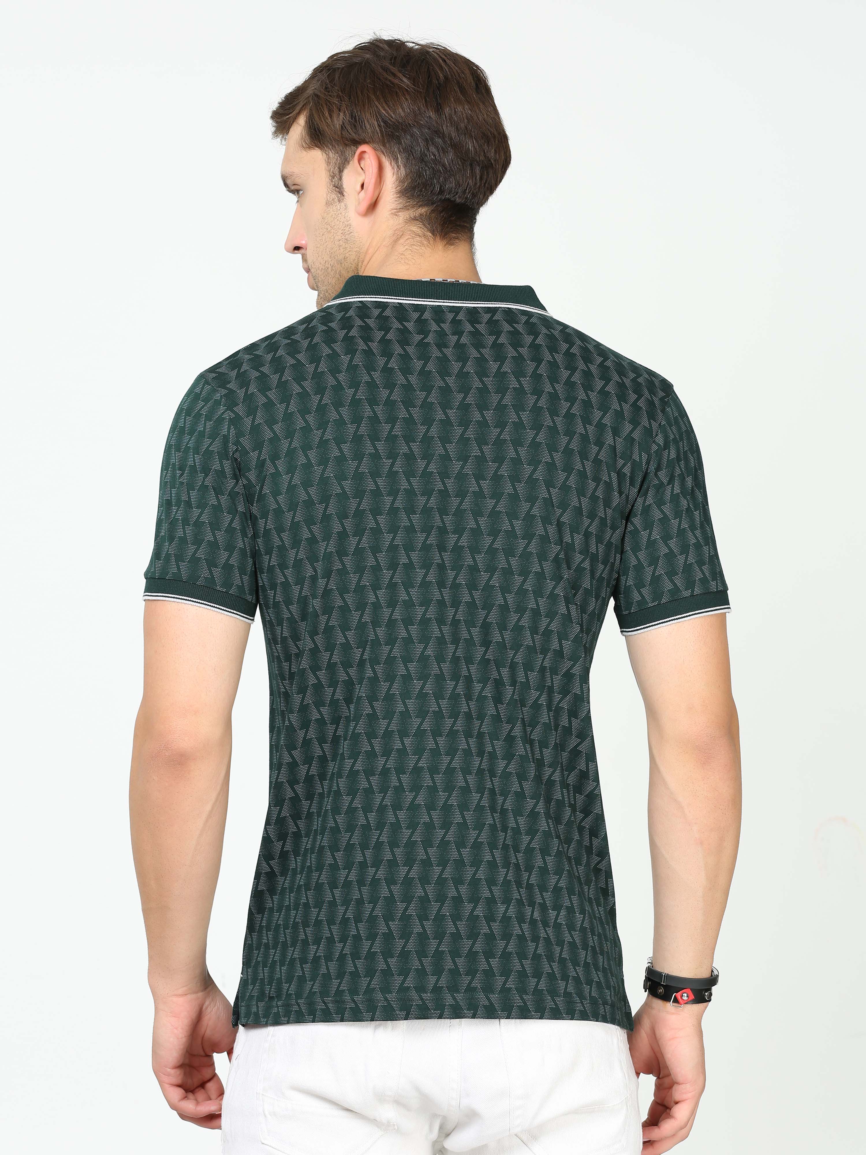 Classic Polo Mens Pure Cotton Half Sleeves Printed Slim Fit Polo Neck Dark Green Color T-Shirt | Bello - 230 A Sf P