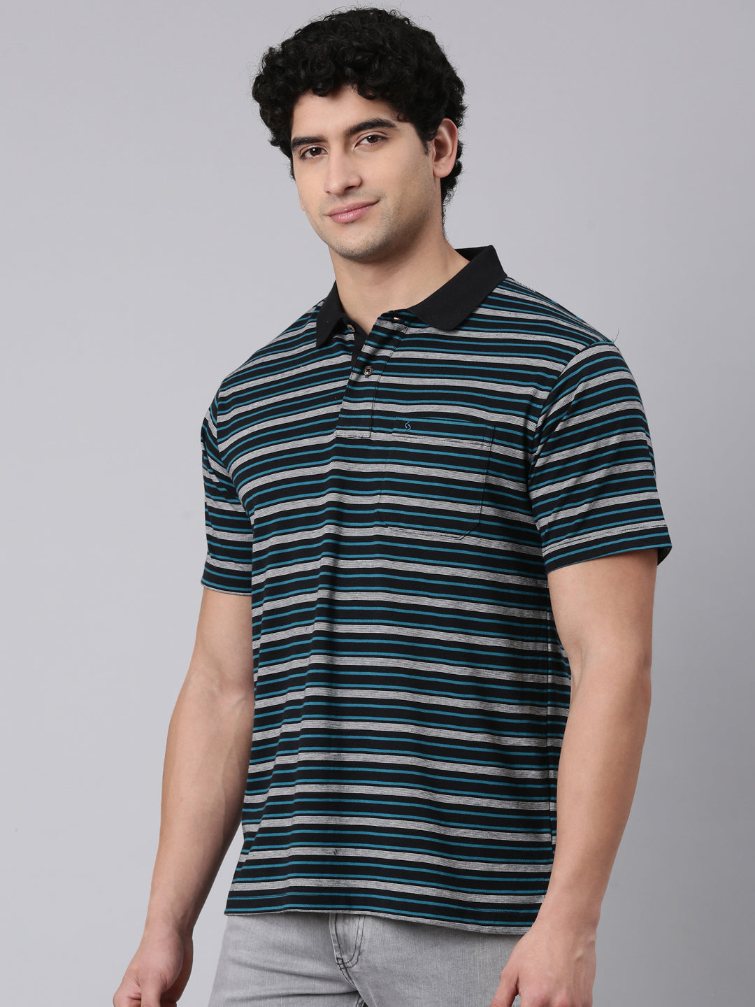Classic Polo Men's Half Sleeve Black/White Polo Neck Authentic Fit Striped Cotton Blend T-Shirt | FEEDERS - 314 B AF P