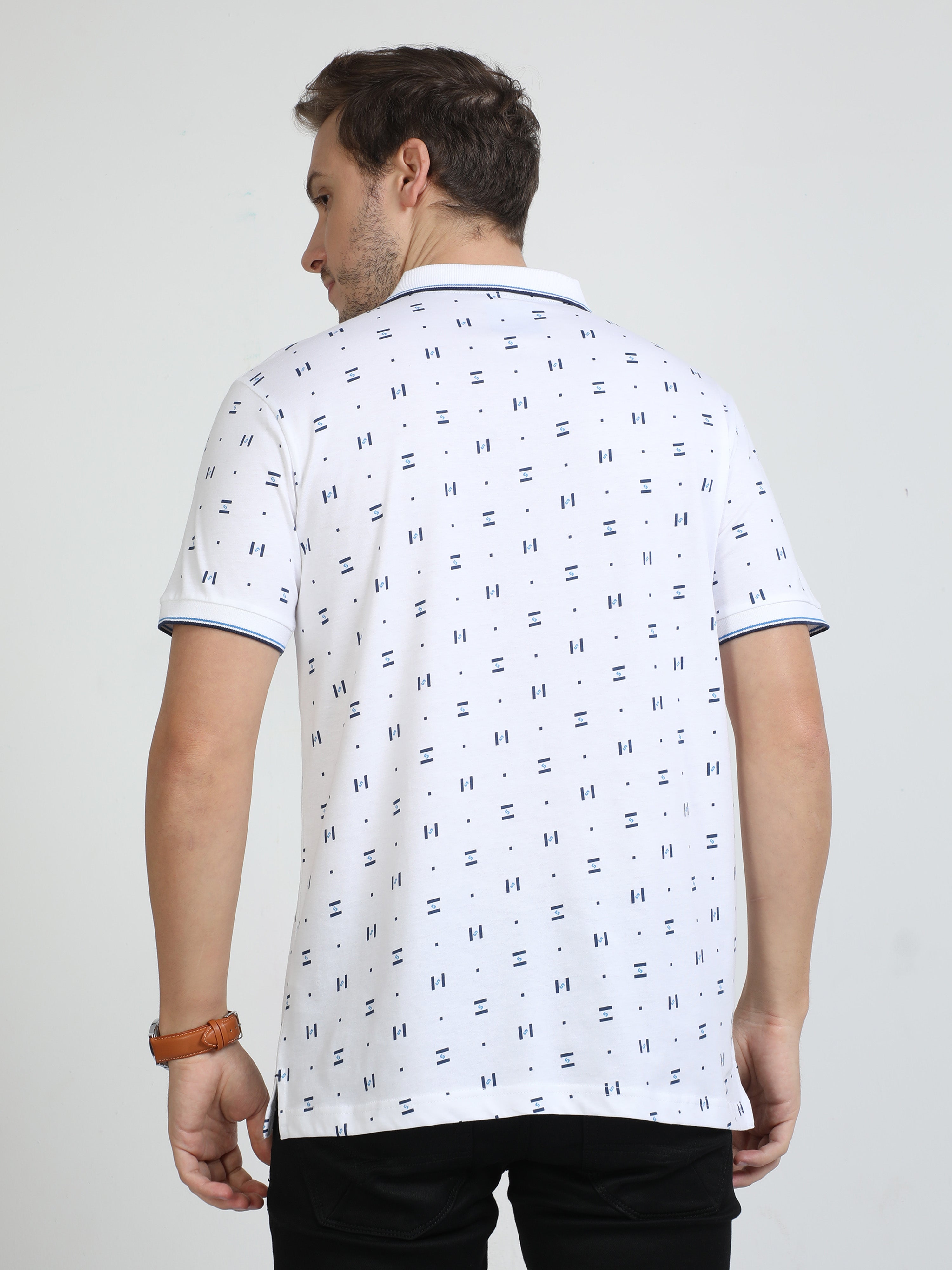 Classic Polo Mens Pure Cotton Half Sleeves Printed Slim Fit Polo Neck White Color T-Shirt | Bello - 218 A Sf P