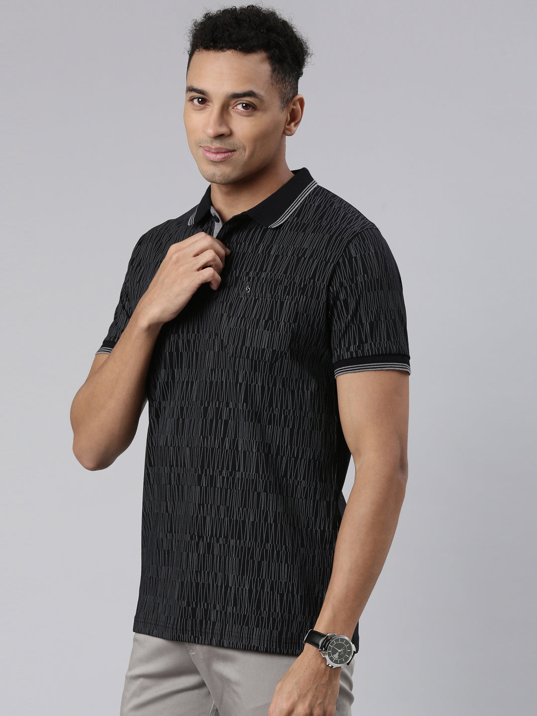 Classic Polo Men's Half Sleeve Black/Grey Polo Neck Cotton Blend Slim Fit T-Shirt | BELLO - 306 B SF P