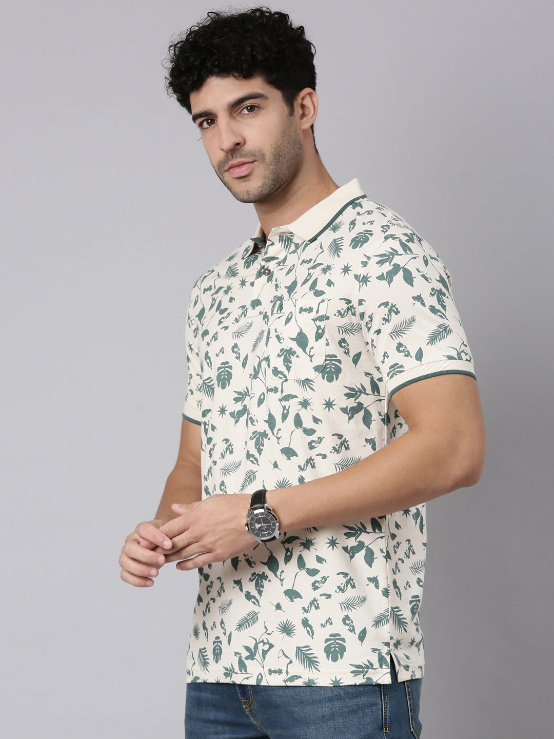 Classic Polo Men's Half Sleeve Cream/Green Polo Neck Slim Fit All-Over Print Cotton T-Shirt | BELLO - 403 A SF P
