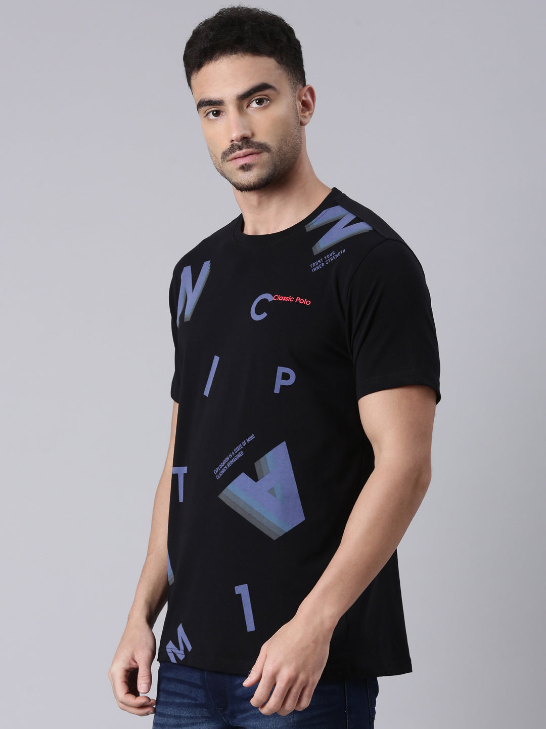 Classic Polo Men's Half Sleeve Black Round Neck Slim Fit Printed Cotton T-Shirt | BALENO - 625 B SF C