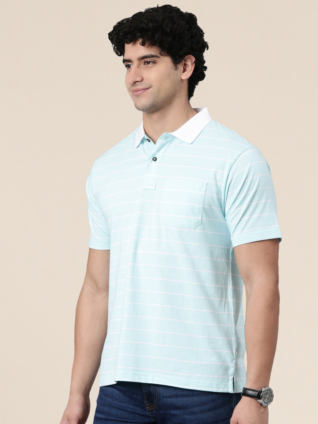 Classic Polo Men's Half Sleeve Light Blue/White Polo Neck Authentic Fit Striped Cotton Blend T-Shirt | AVON - 662 A AF P