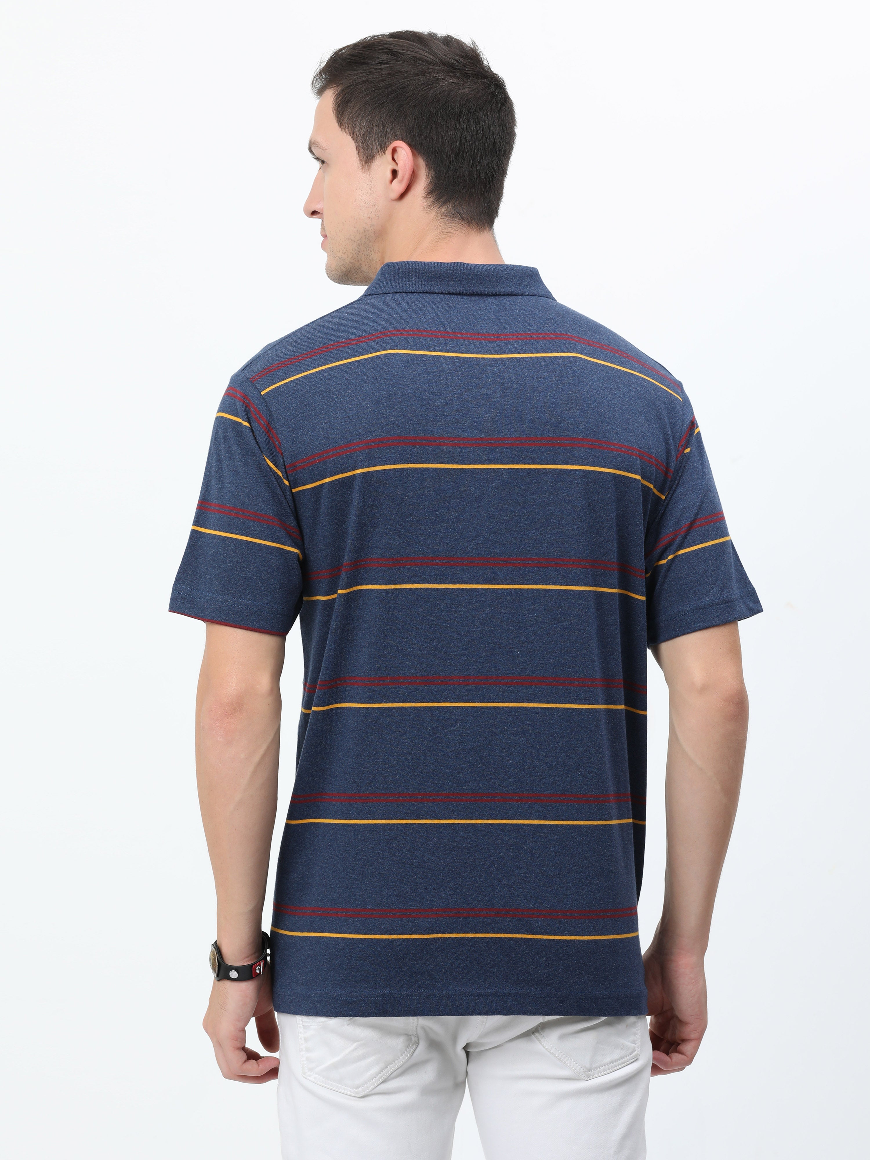 Classic Polo Mens Cotton Half Sleeves Striped Authentic Fit Polo Neck Blue Color T-Shirt | Avon - 543 B Af P