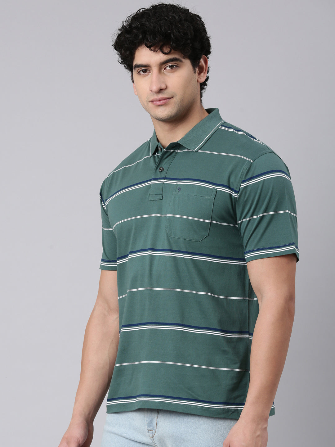 Classic Polo Men's Half Sleeve Dark Green Polo Neck Authentic Fit Striped Cotton T-Shirt | AP - 154 B AF P